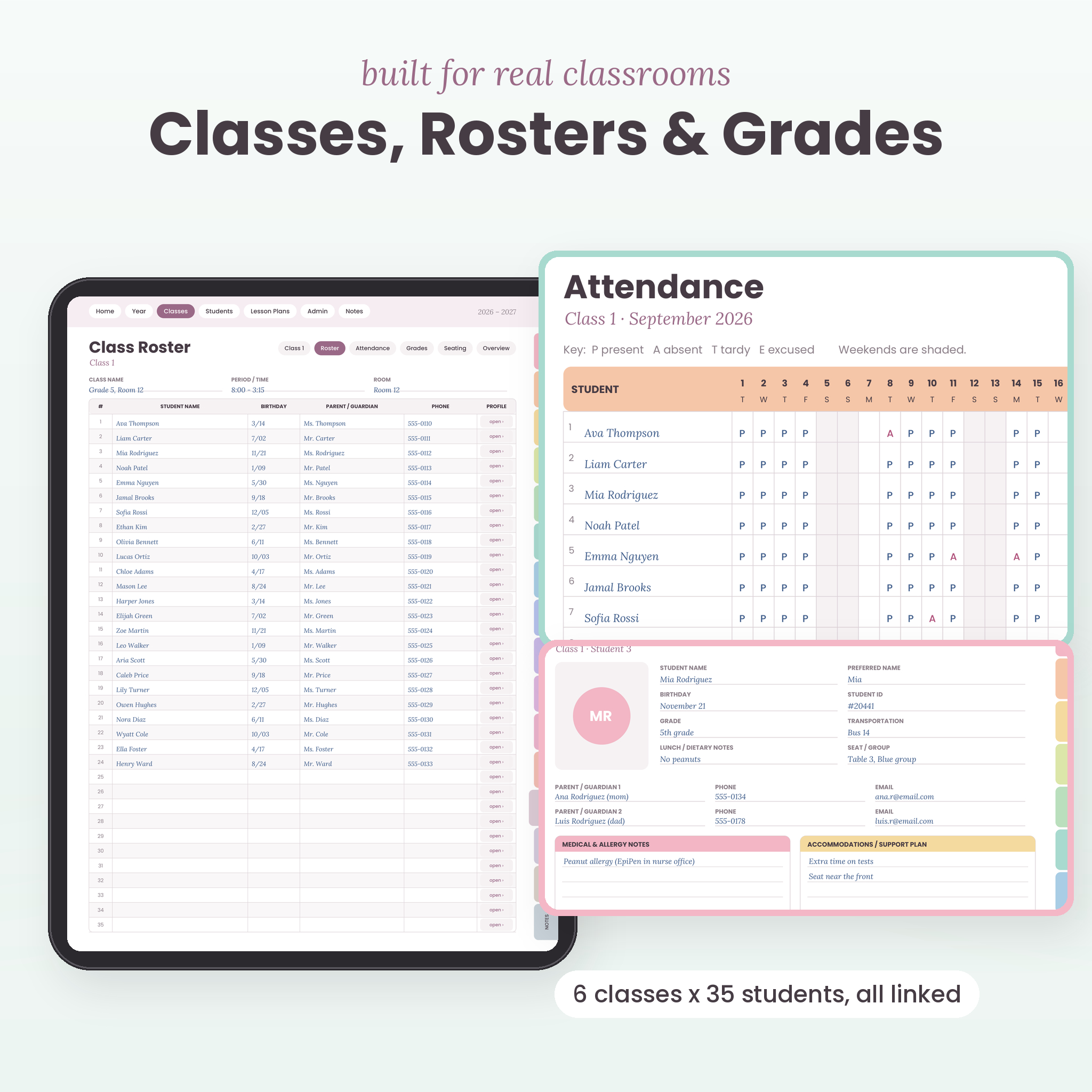 Class roster, attendance sheet and student profile pages