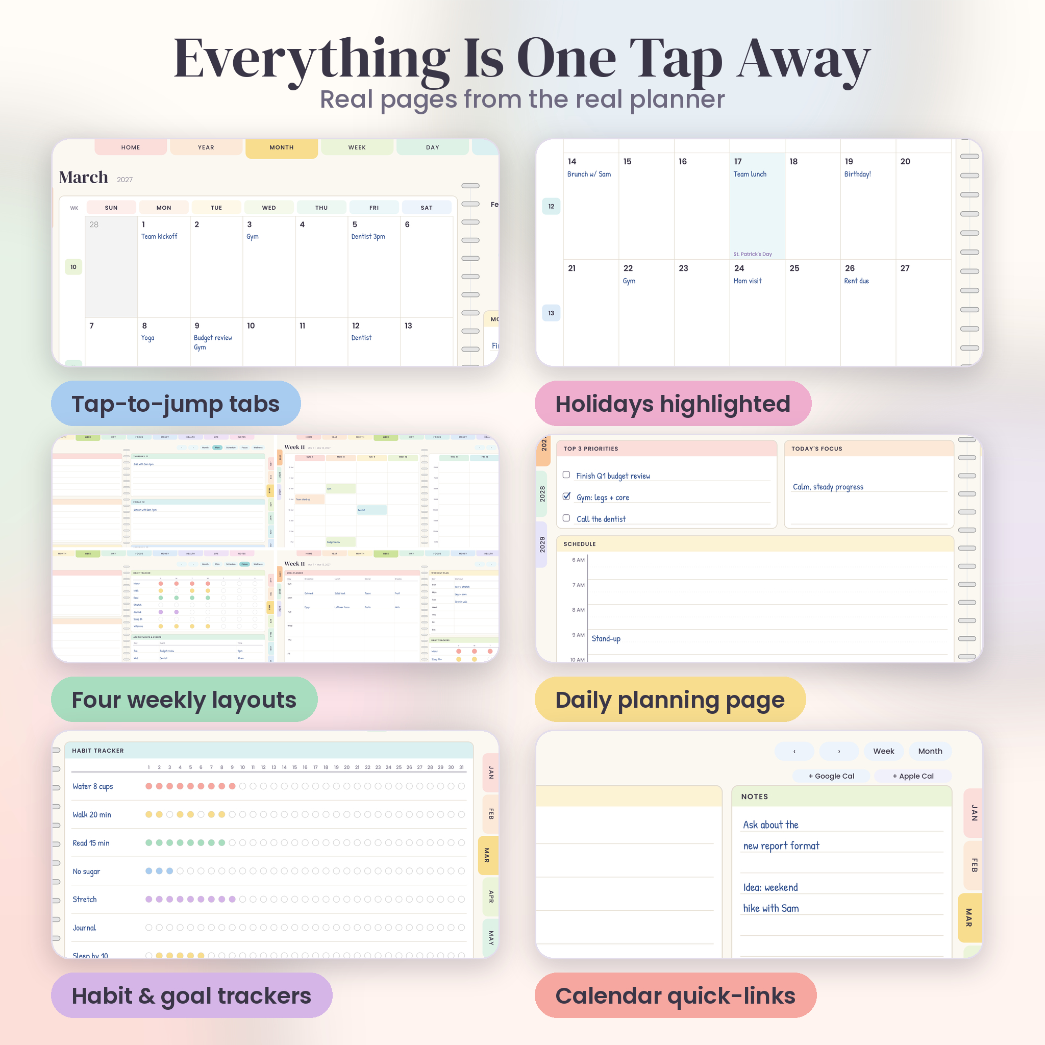 Real planner pages: monthly calendar, weekly layouts, daily page and habit tracker