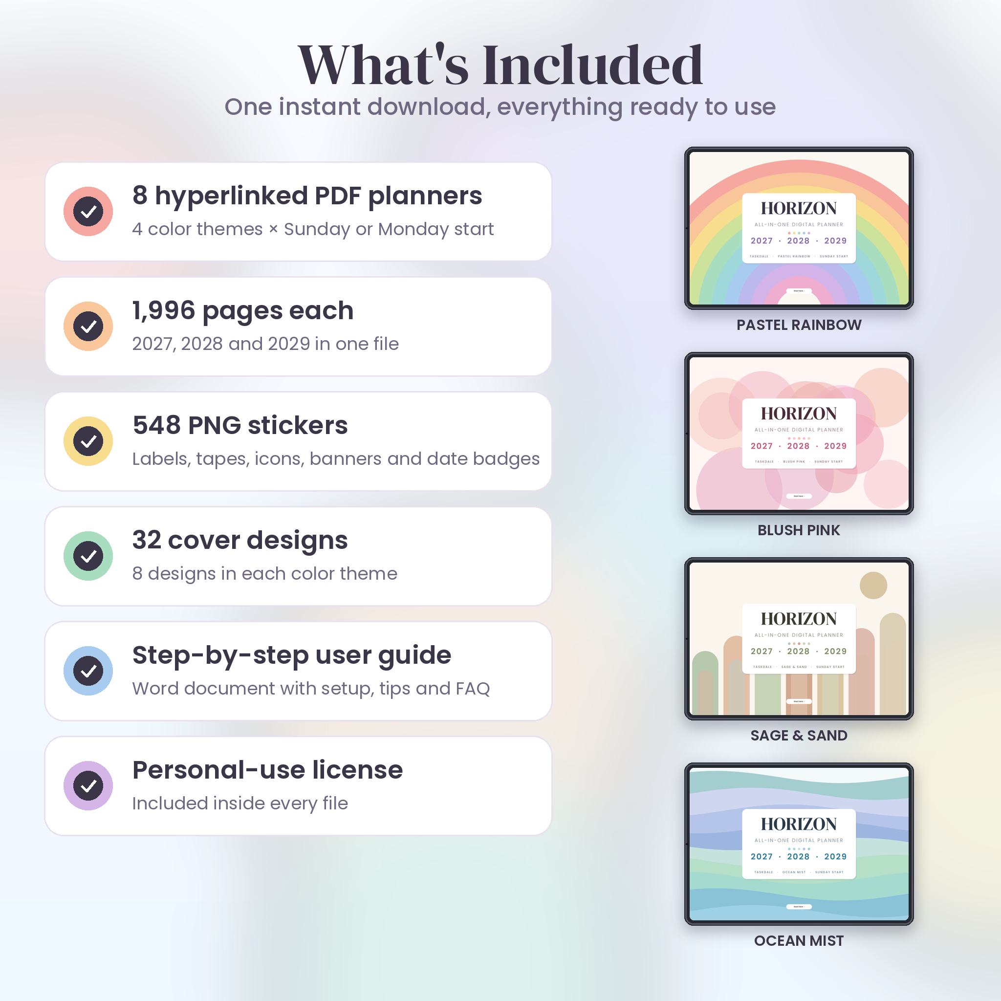 Planner download contents: 8 PDFs, 548 stickers, 32 covers and user guide