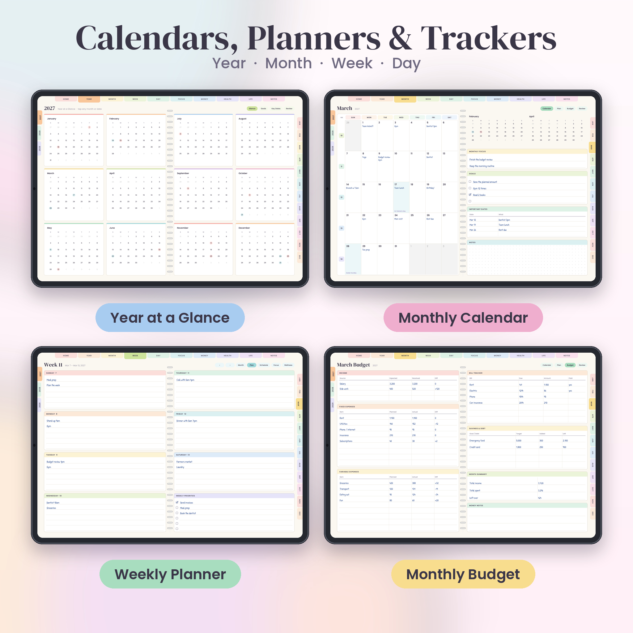 Year, month, week and budget pages of the 2027 to 2029 digital planner