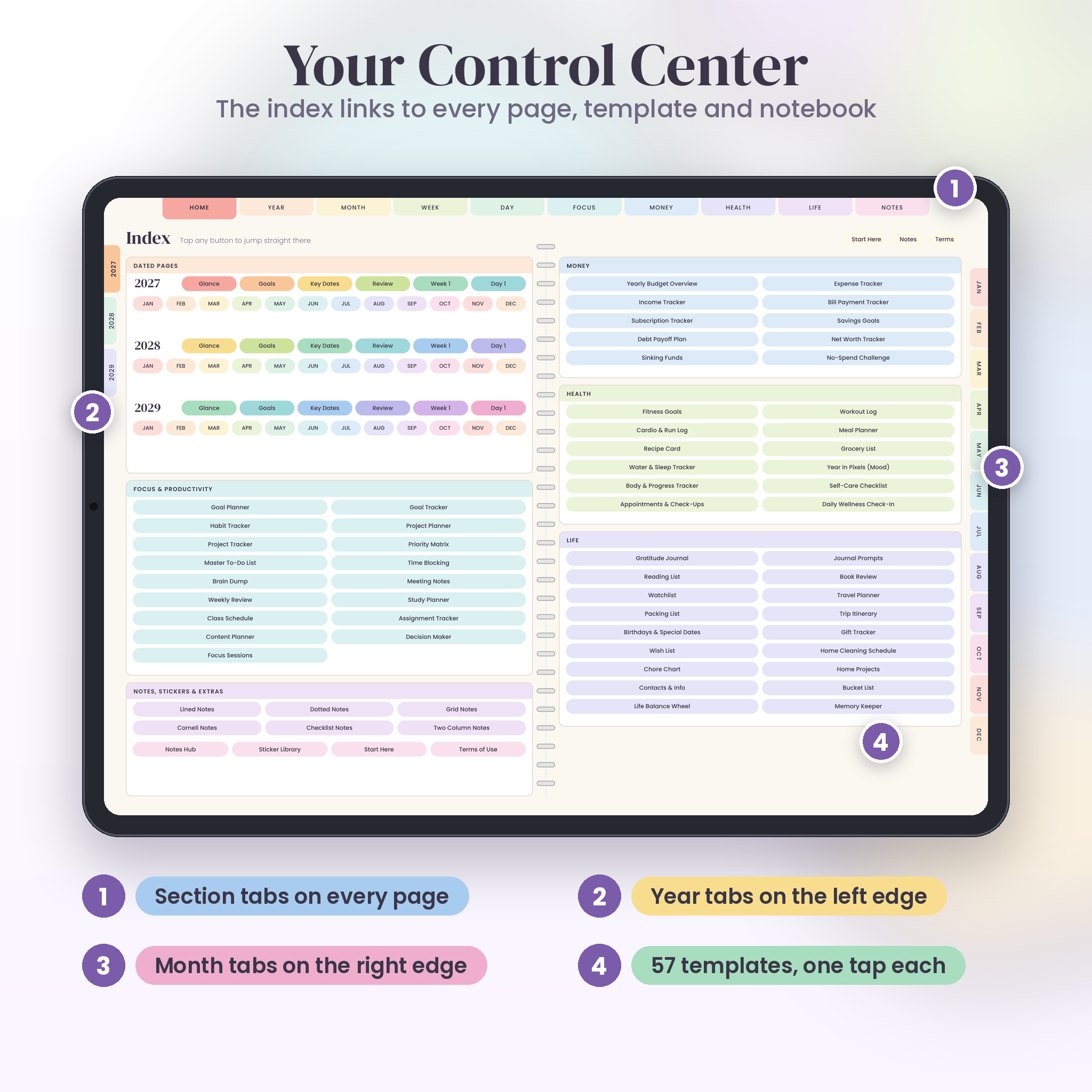 Planner index page linking every template, notebook and month