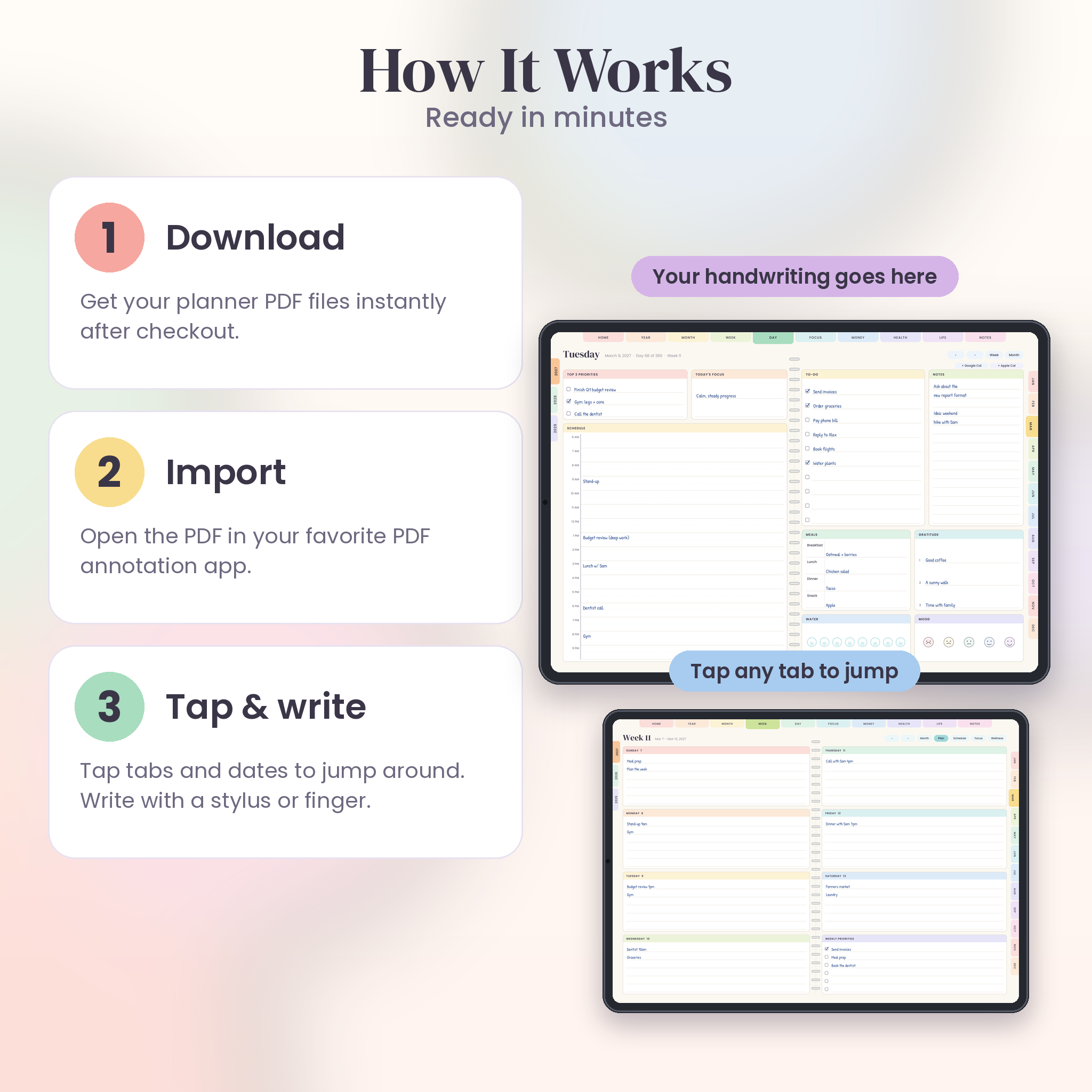 How it works: download, import into a PDF app, tap and write