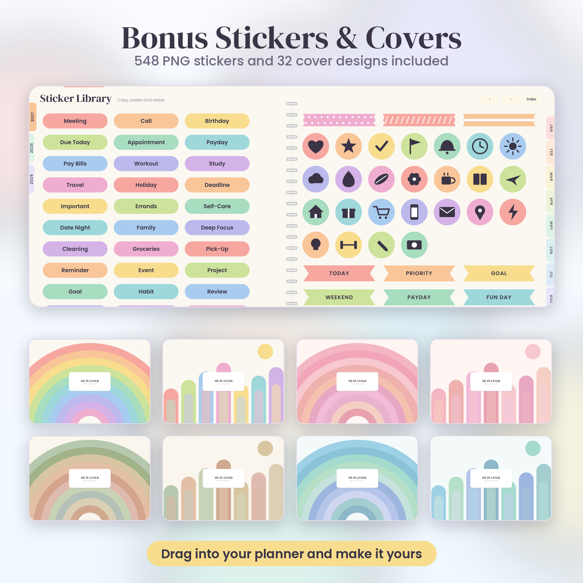 548 PNG stickers and 32 cover designs for the digital planner