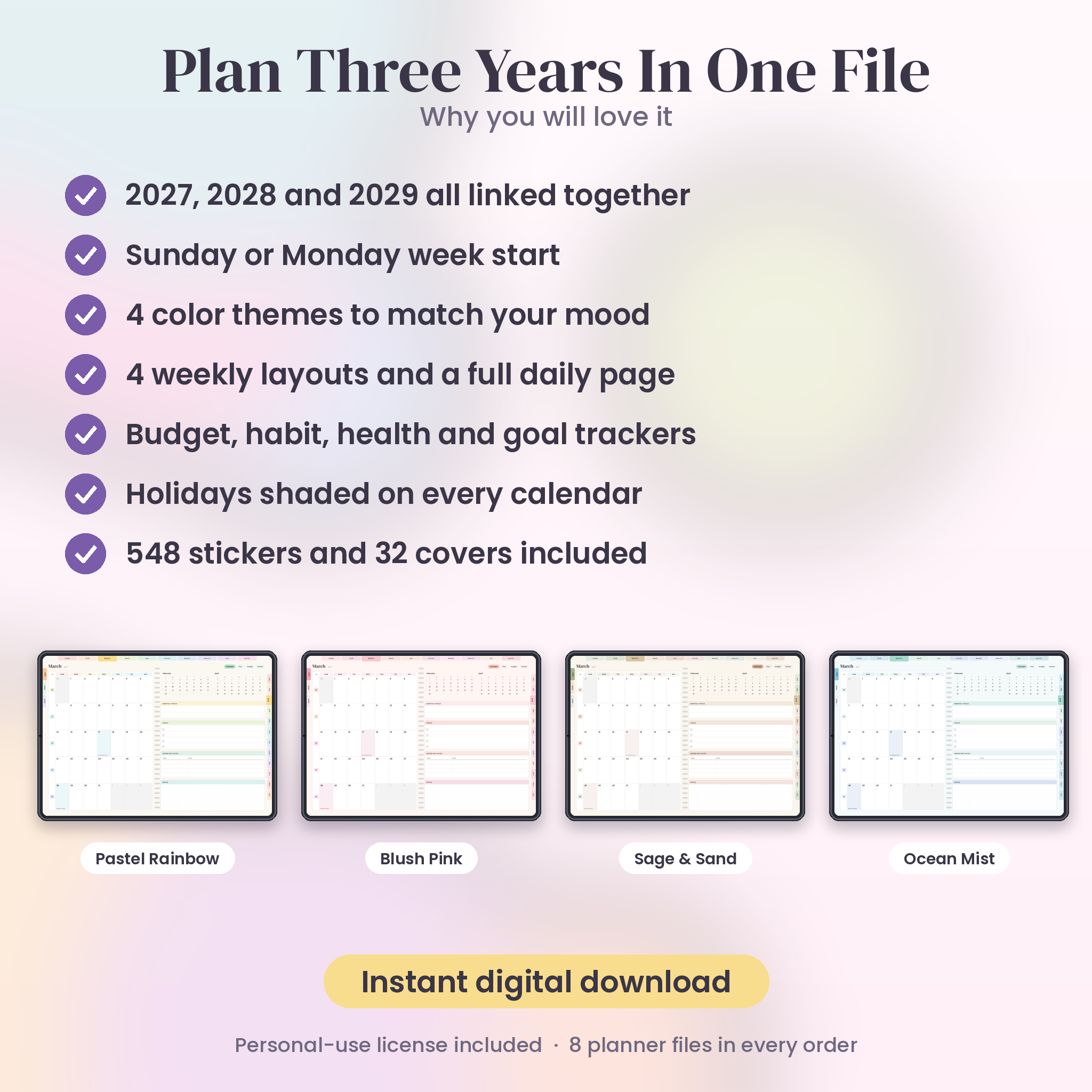 Plan three years in one file: features list and four color themes