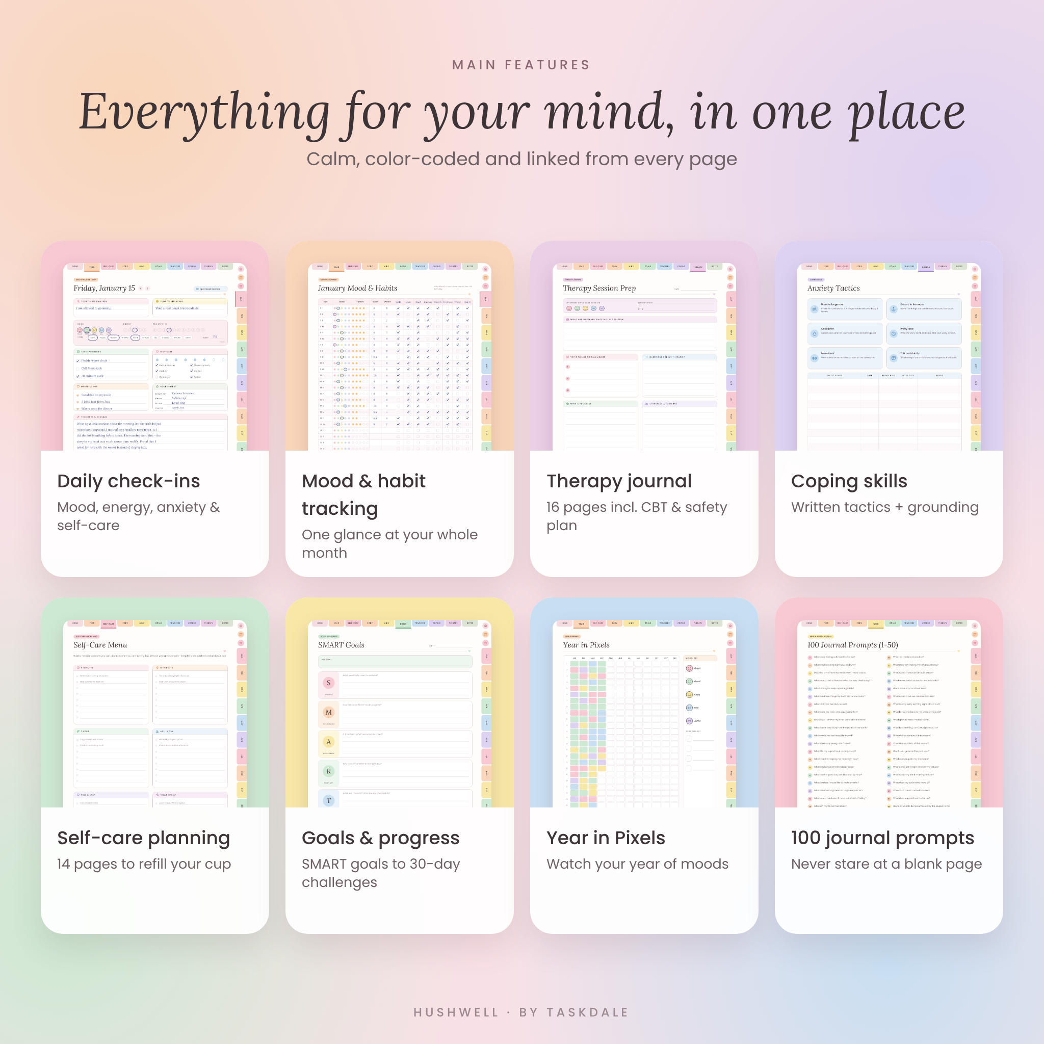 Mental Health Digital Planner | Hushwell Self-Care Journal for GoodNotes & iPad – 2027 + Undated, Mood Tracker, Therapy & Anxiety Journal - Image 2