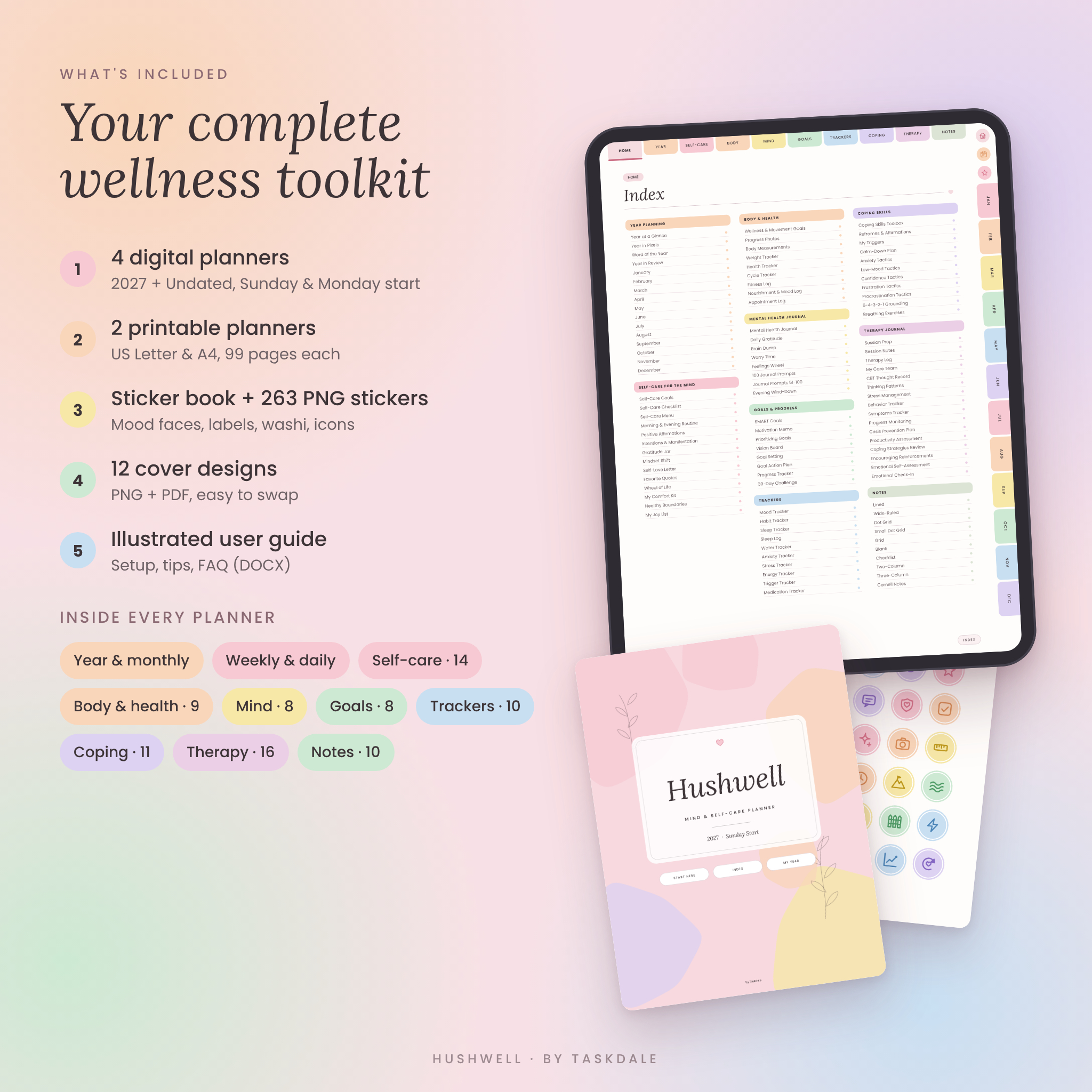 Mental Health Digital Planner | Hushwell Self-Care Journal for GoodNotes & iPad – 2027 + Undated, Mood Tracker, Therapy & Anxiety Journal - Image 3