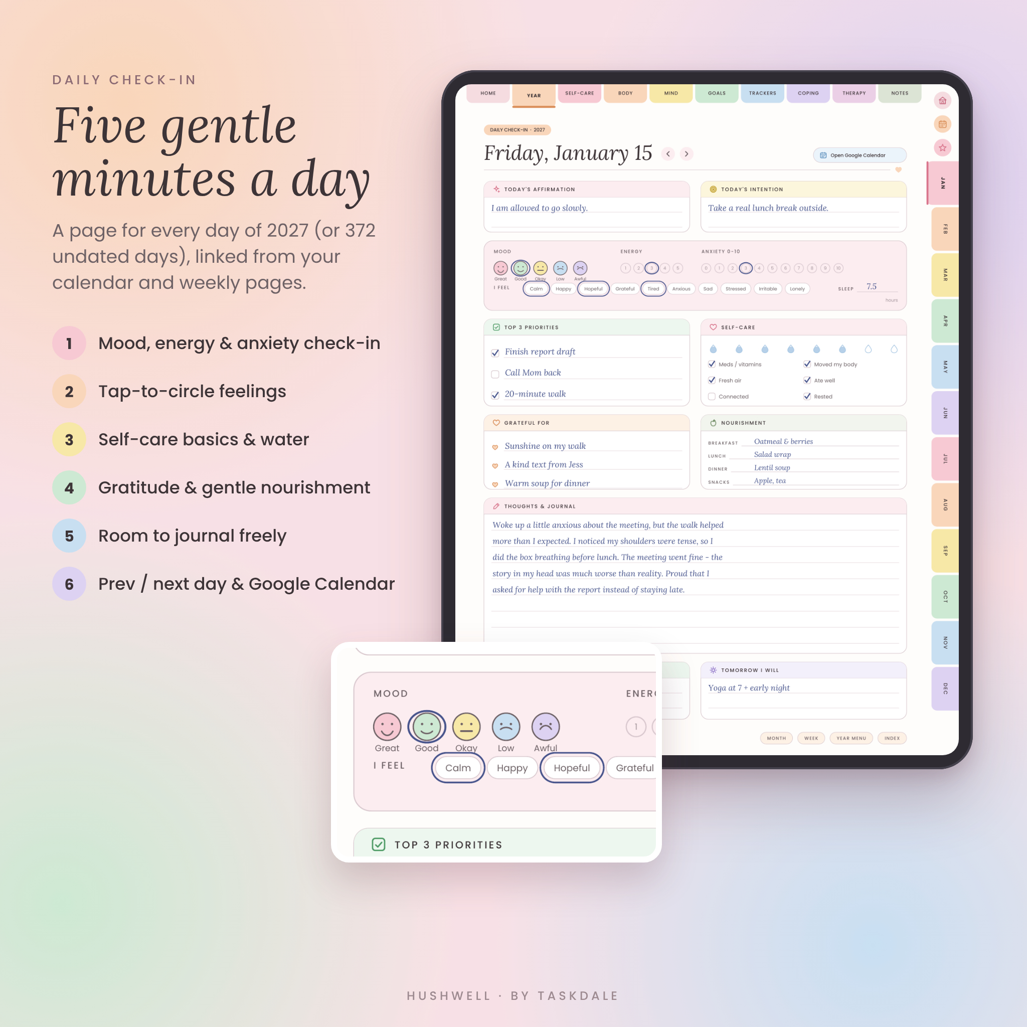 Mental Health Digital Planner | Hushwell Self-Care Journal for GoodNotes & iPad – 2027 + Undated, Mood Tracker, Therapy & Anxiety Journal - Image 4