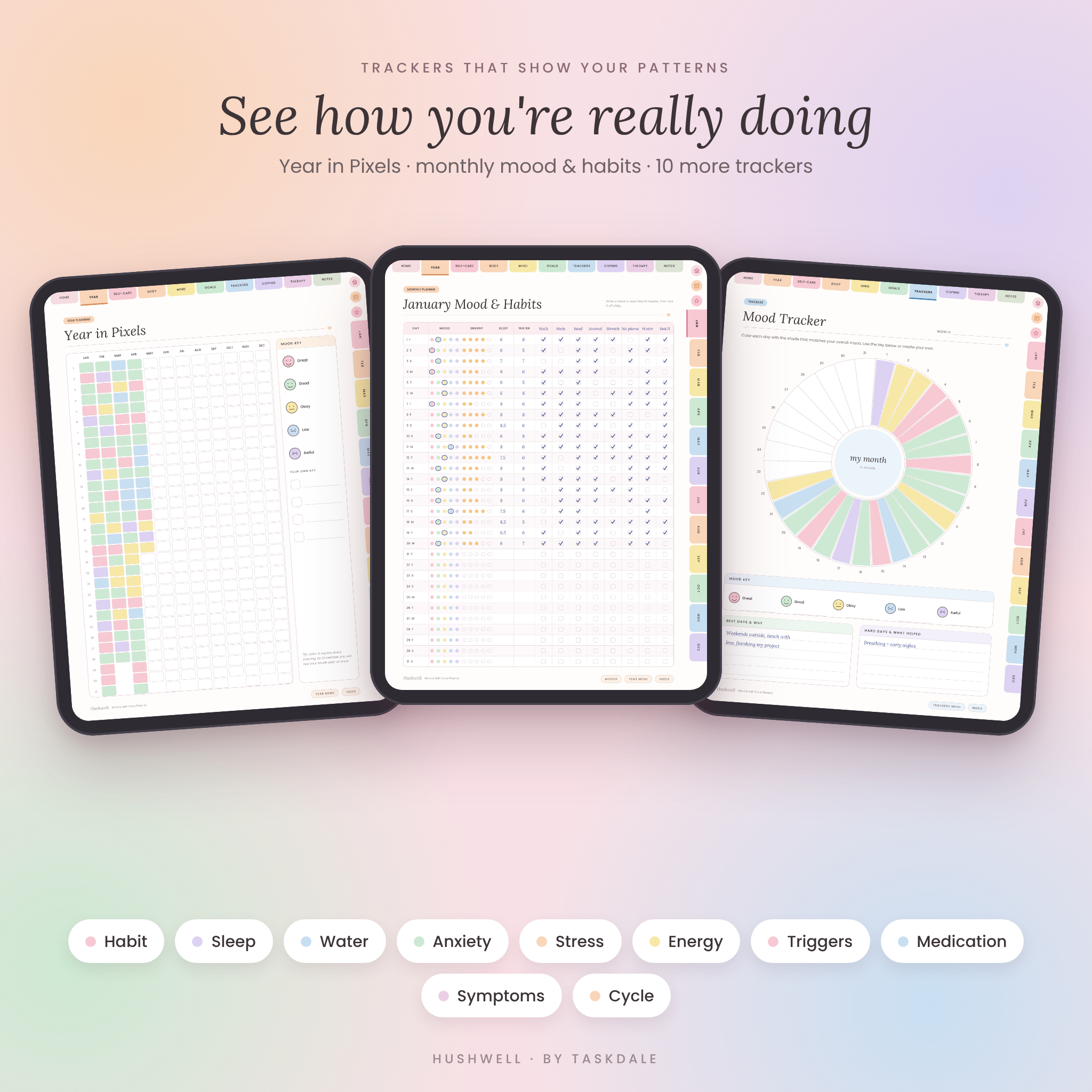 Mental Health Digital Planner | Hushwell Self-Care Journal for GoodNotes & iPad – 2027 + Undated, Mood Tracker, Therapy & Anxiety Journal - Image 5