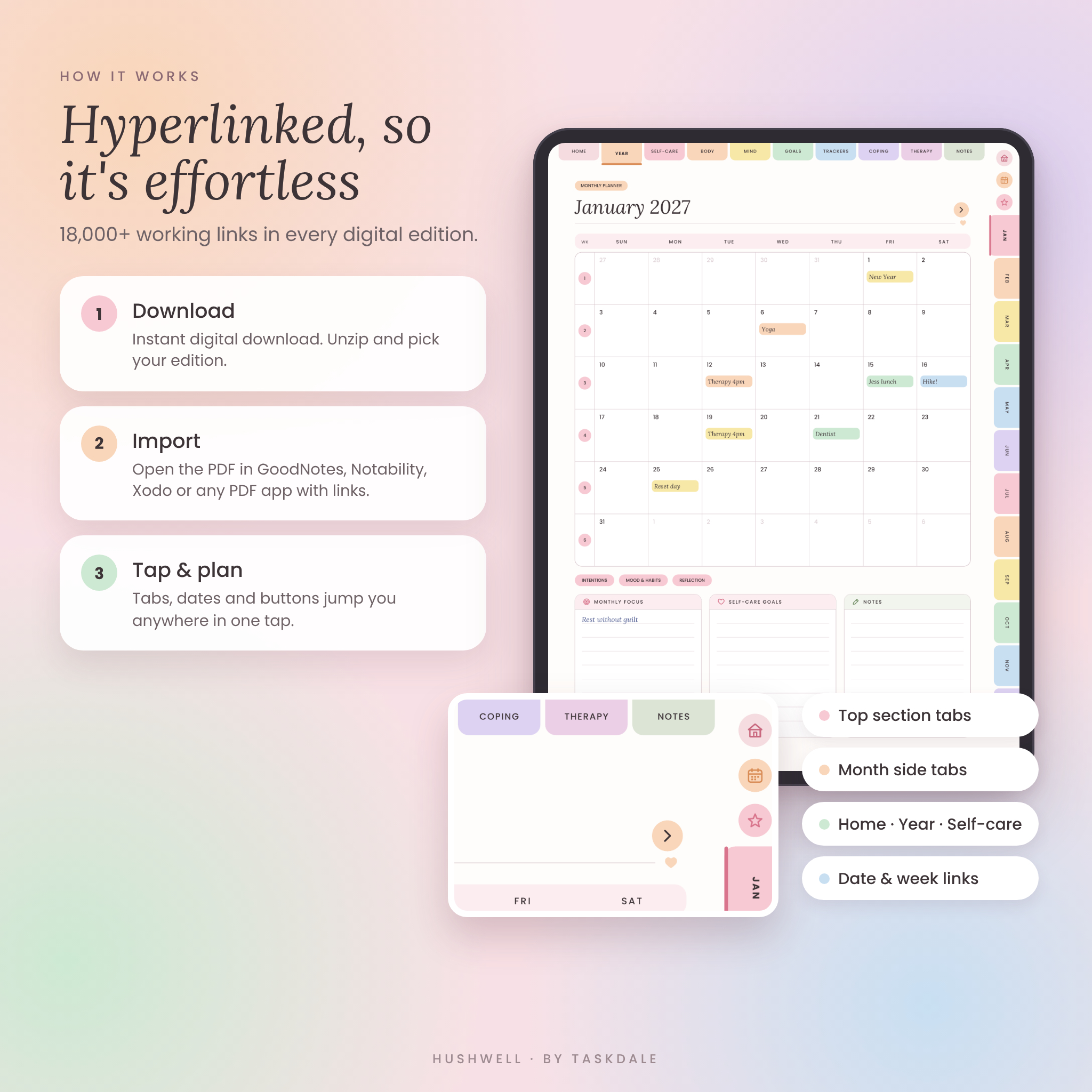 Mental Health Digital Planner | Hushwell Self-Care Journal for GoodNotes & iPad – 2027 + Undated, Mood Tracker, Therapy & Anxiety Journal - Image 6