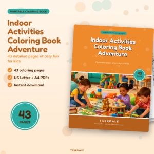 Indoor Activities Coloring Book Adventure printable PDF for kids, 43 cozy coloring pages