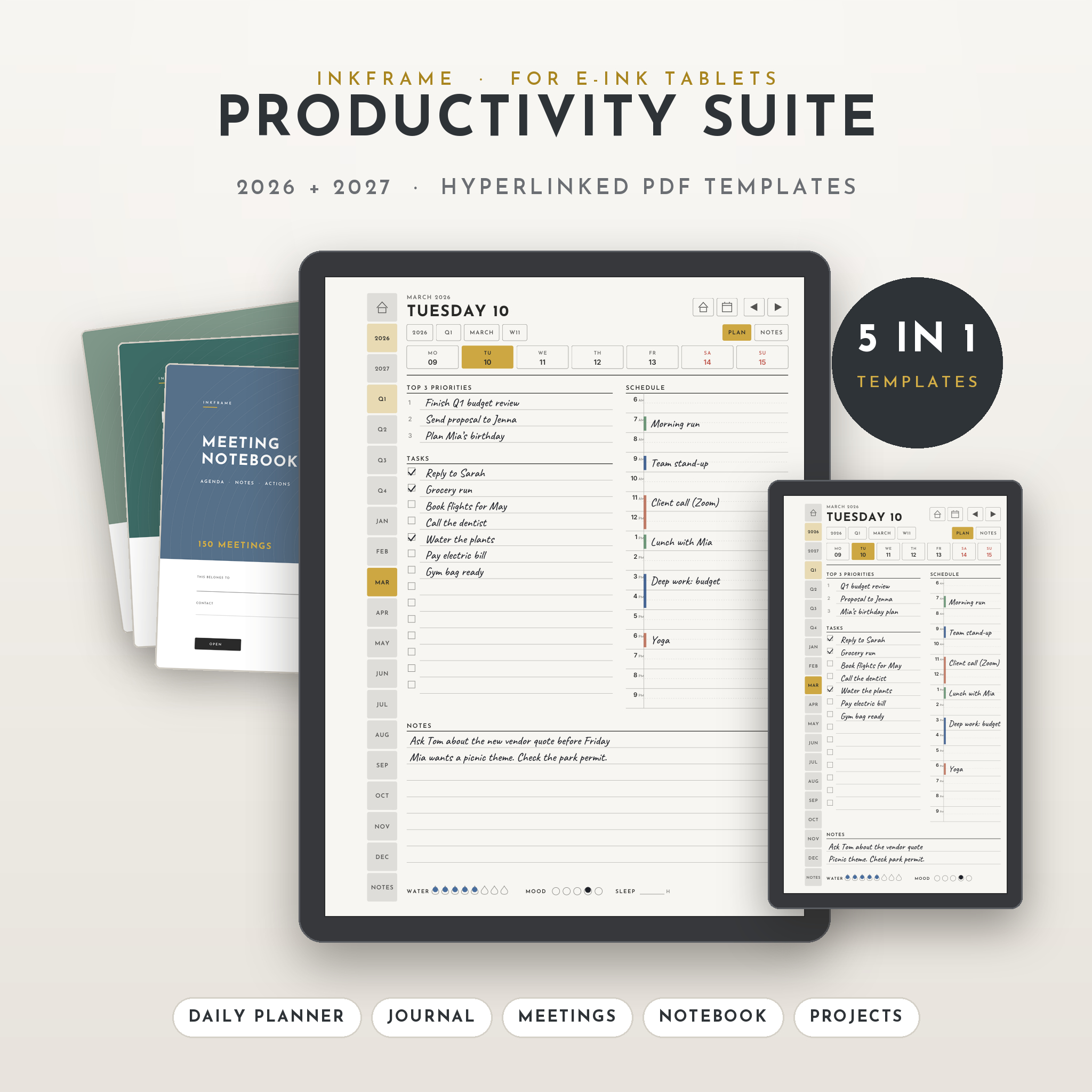 Inkframe Productivity Suite reMarkable templates 2026-2027 hyperlinked planner, journal, meeting notebook, smart notebook and project planner