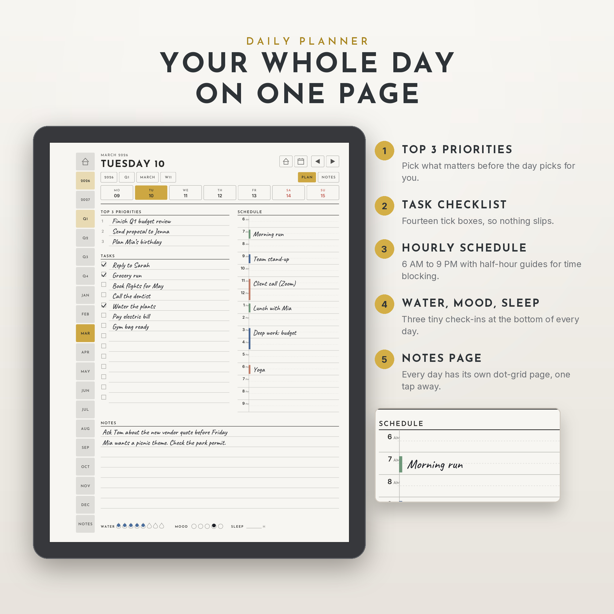 Daily planner page with priorities, tasks, hourly schedule and notes