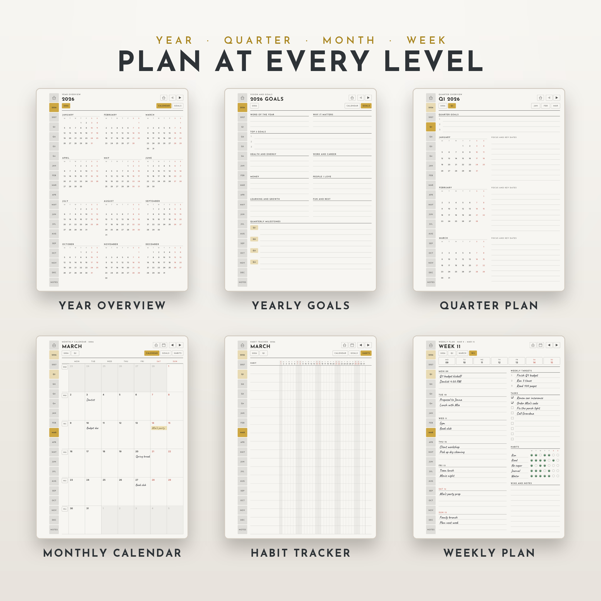 Year overview, yearly goals, quarter plan, monthly calendar, habit tracker and weekly plan pages