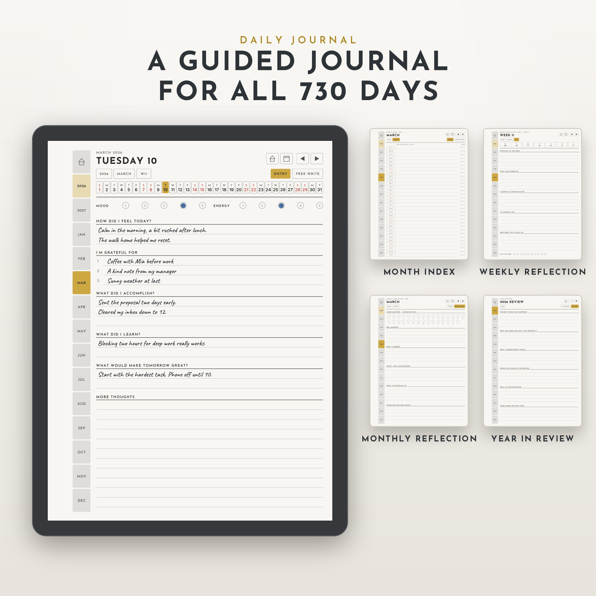 Guided daily journal with month index, weekly and monthly reflections and year in review