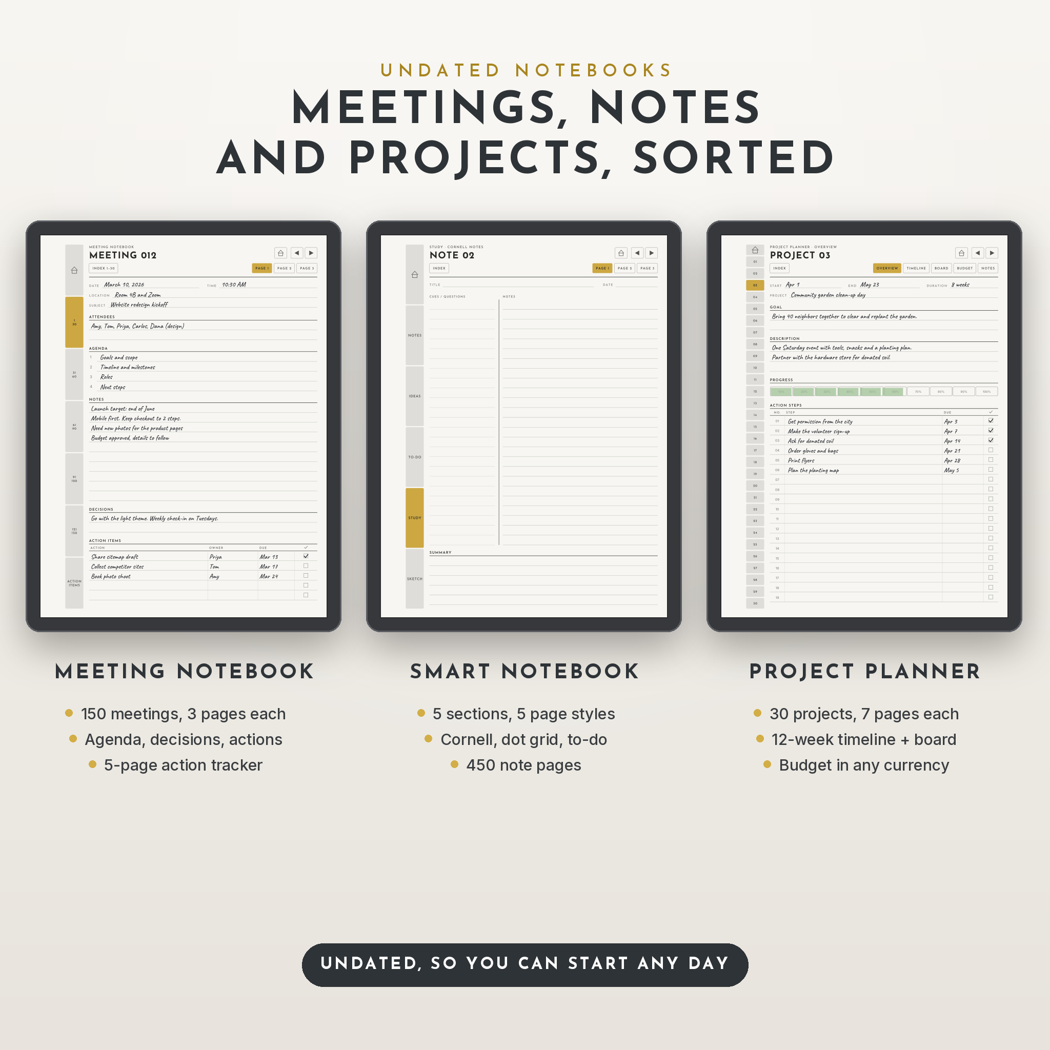 Meeting notebook, Cornell smart notebook and project planner pages