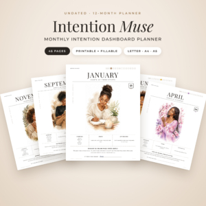 Intention Muse 12-month intention dashboard planner printable with watercolor monthly dashboards