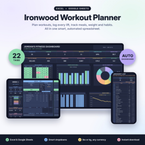 Ironwood Workout Planner spreadsheet for Excel and Google Sheets with dashboard