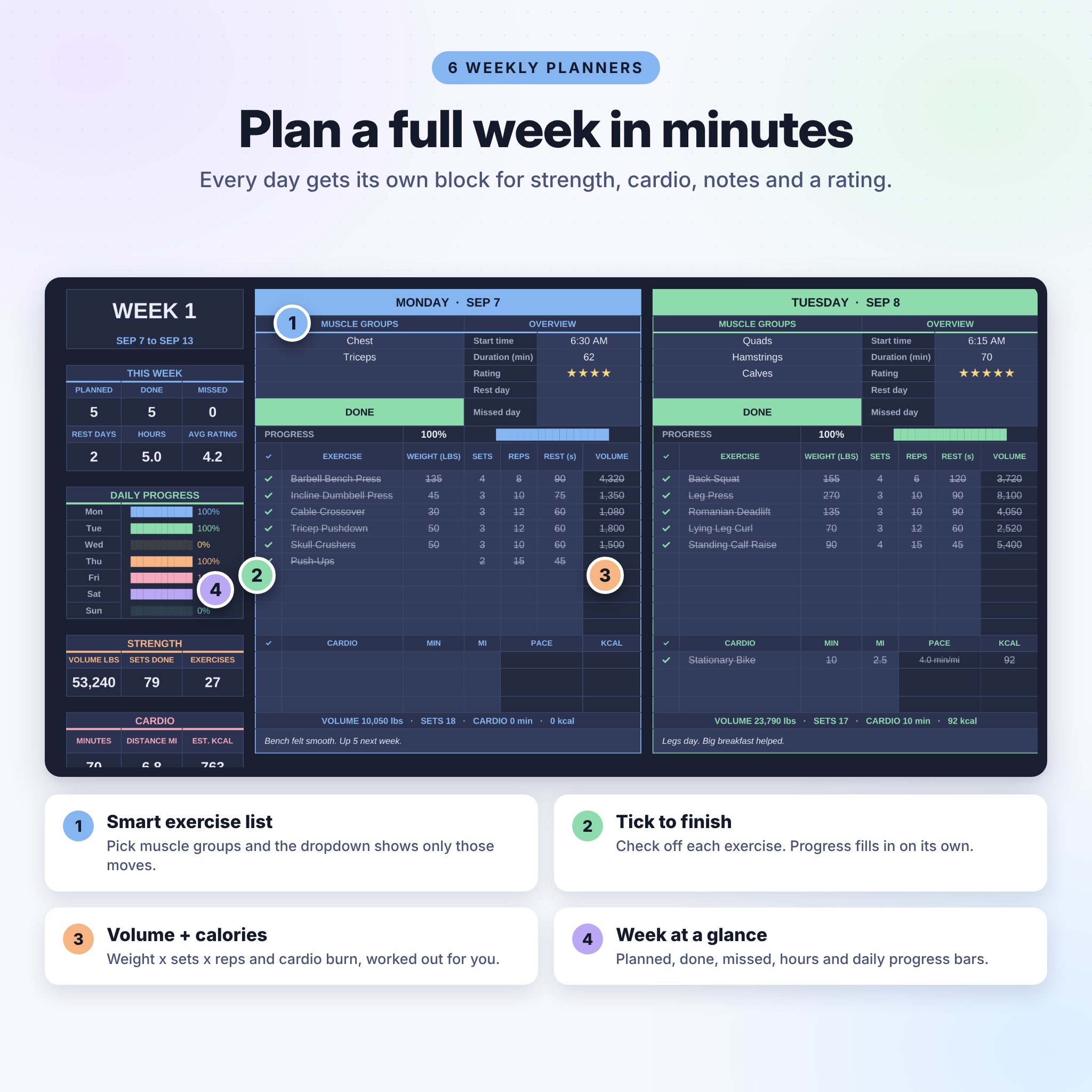Weekly workout planner page with smart exercise dropdowns