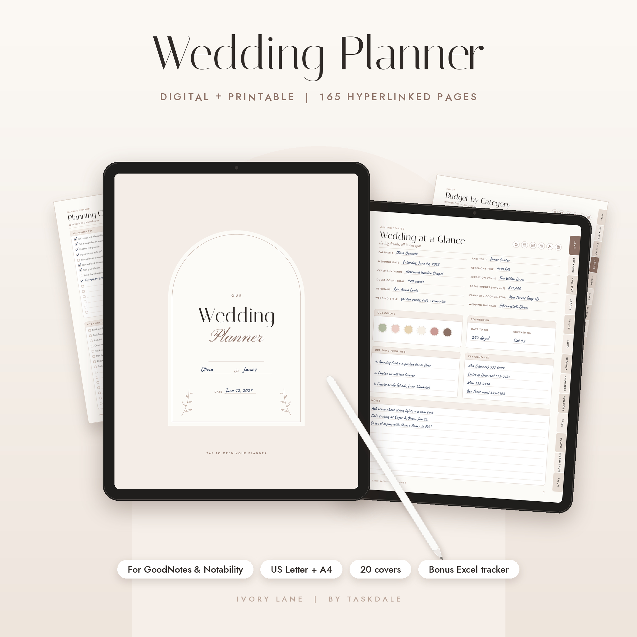 Ivory Lane digital wedding planner on a tablet with cover and Wedding at a Glance page