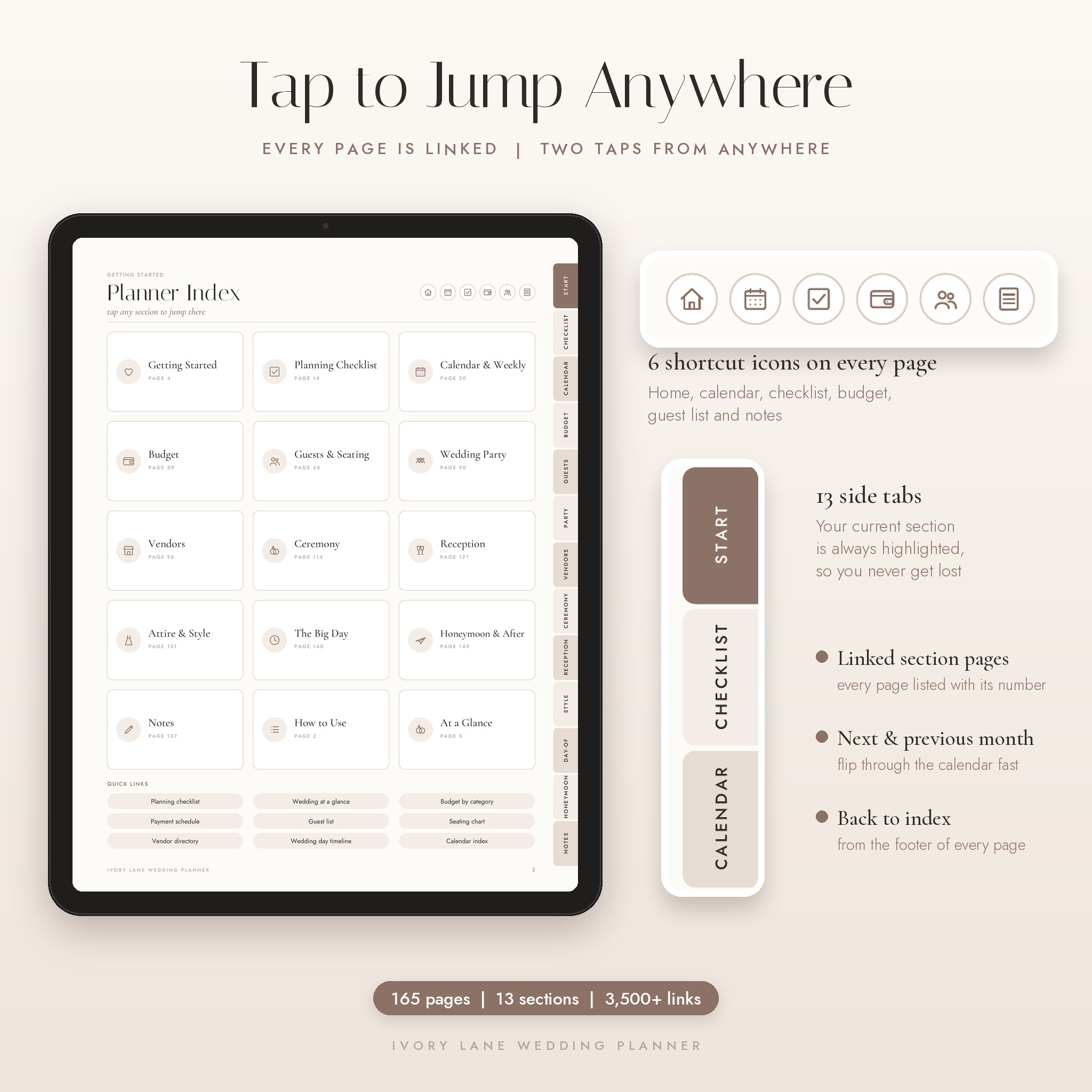 Hyperlinked planner index with side tabs and shortcut icons