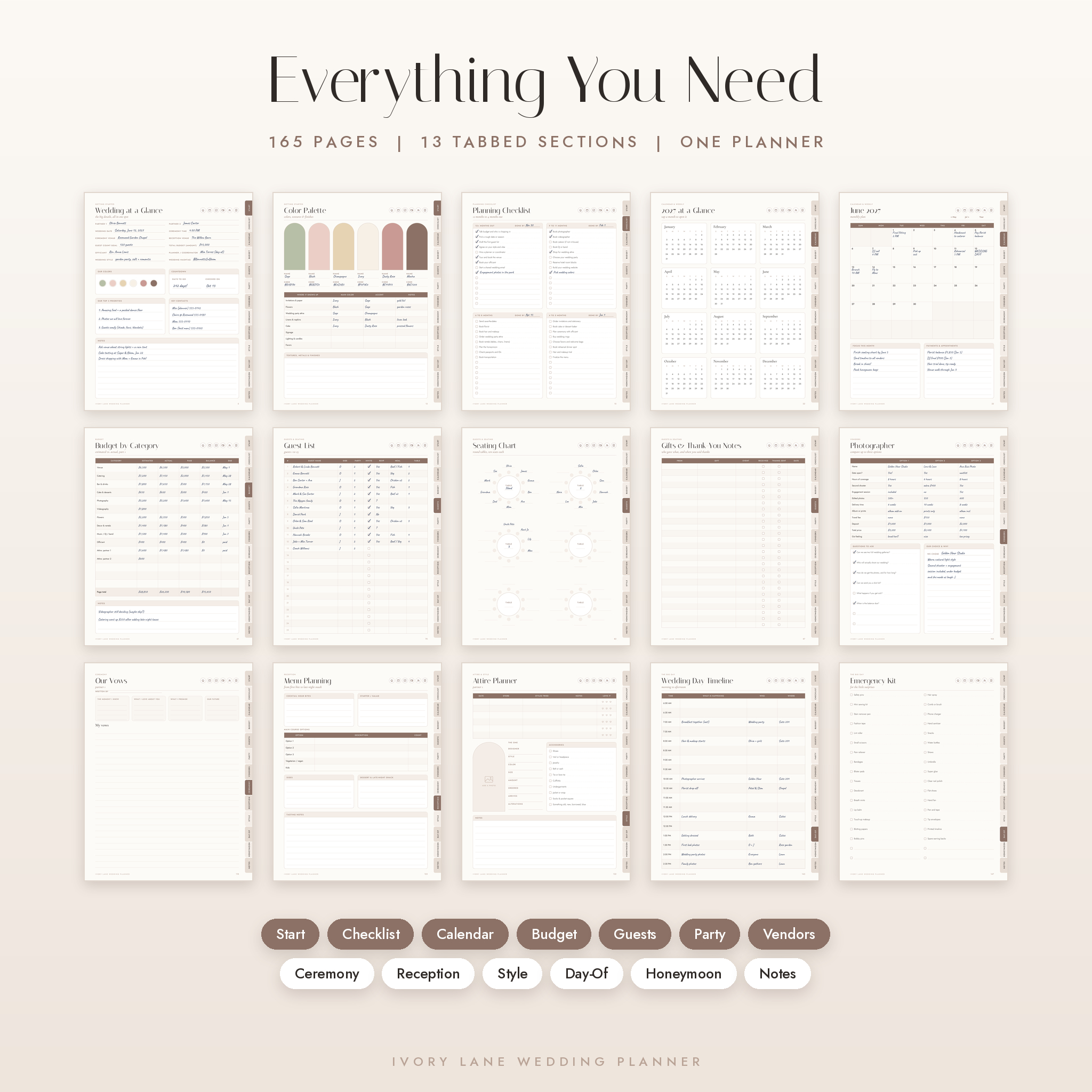 Overview of 165 wedding planner pages and 13 tabbed sections