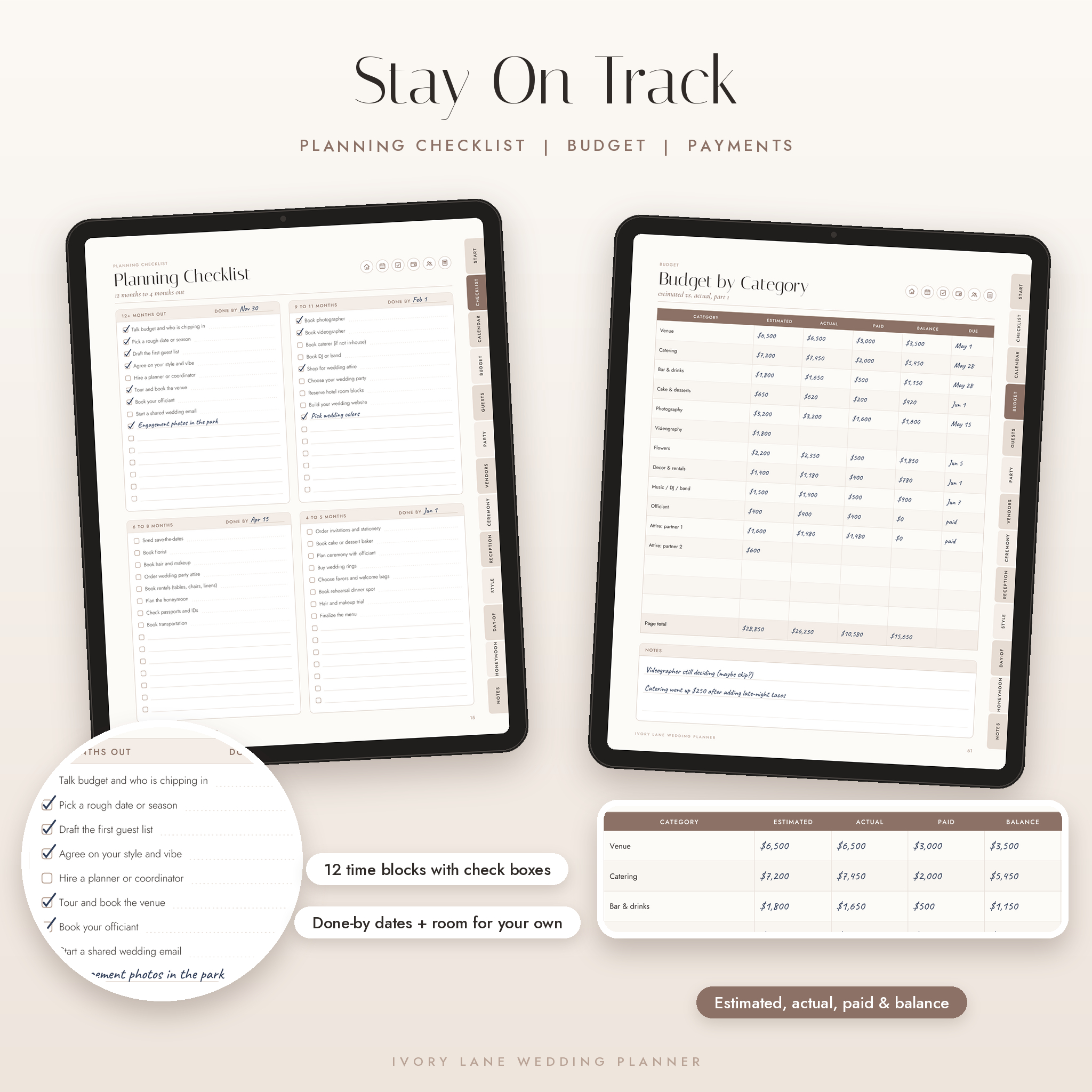 Wedding checklist and budget by category pages filled in