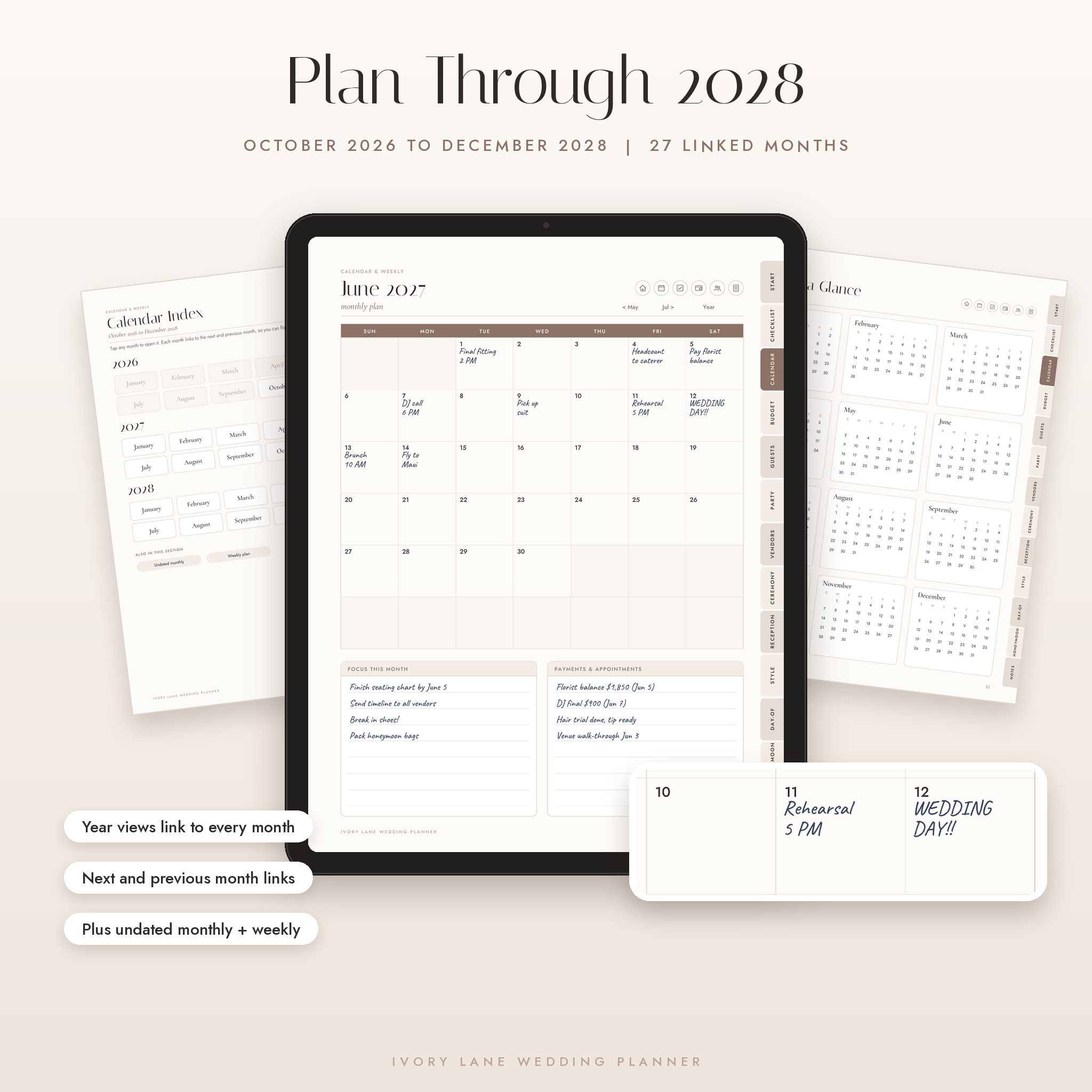 Wedding calendar pages from October 2026 to December 2028