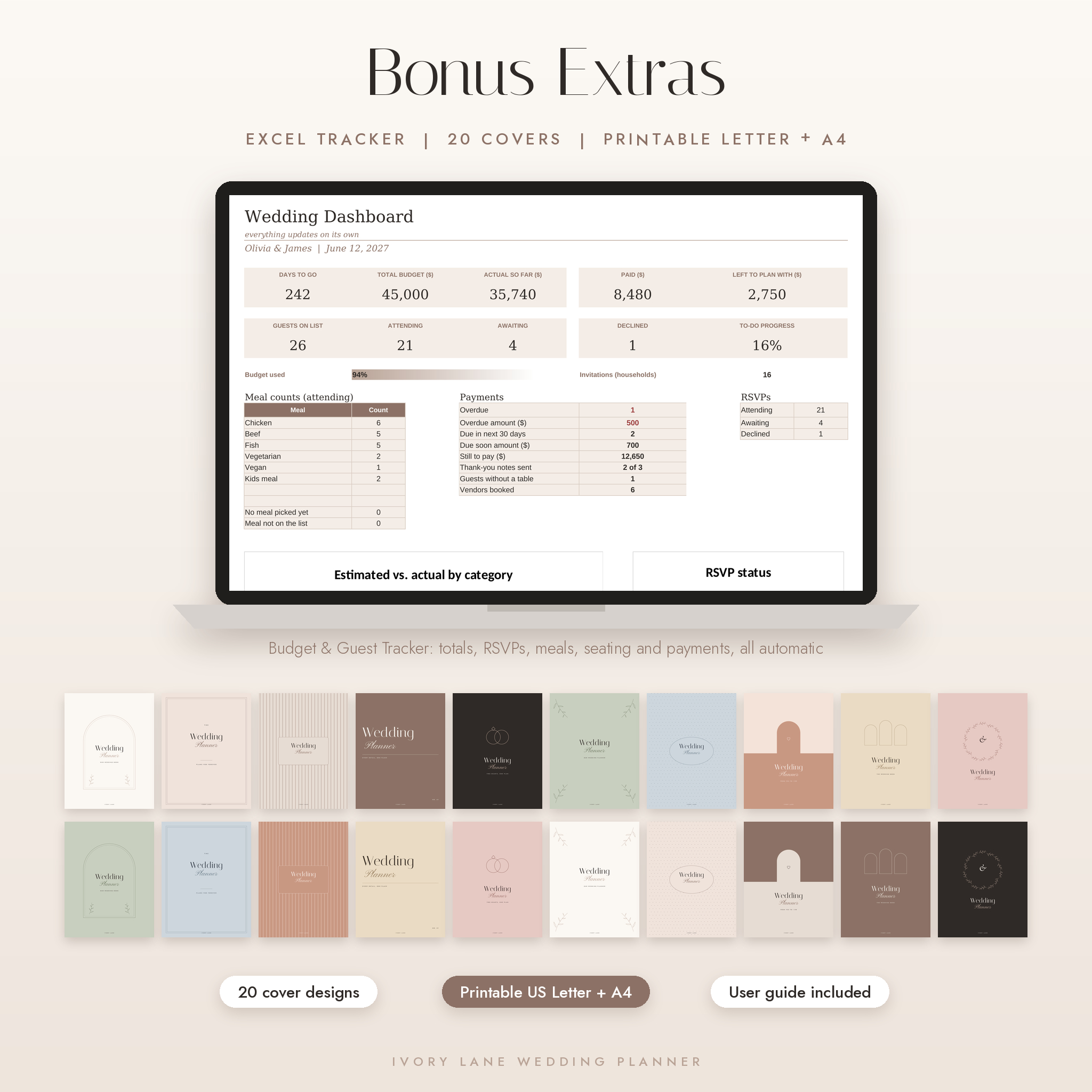 Bonus Excel wedding budget and guest tracker dashboard and 20 planner covers