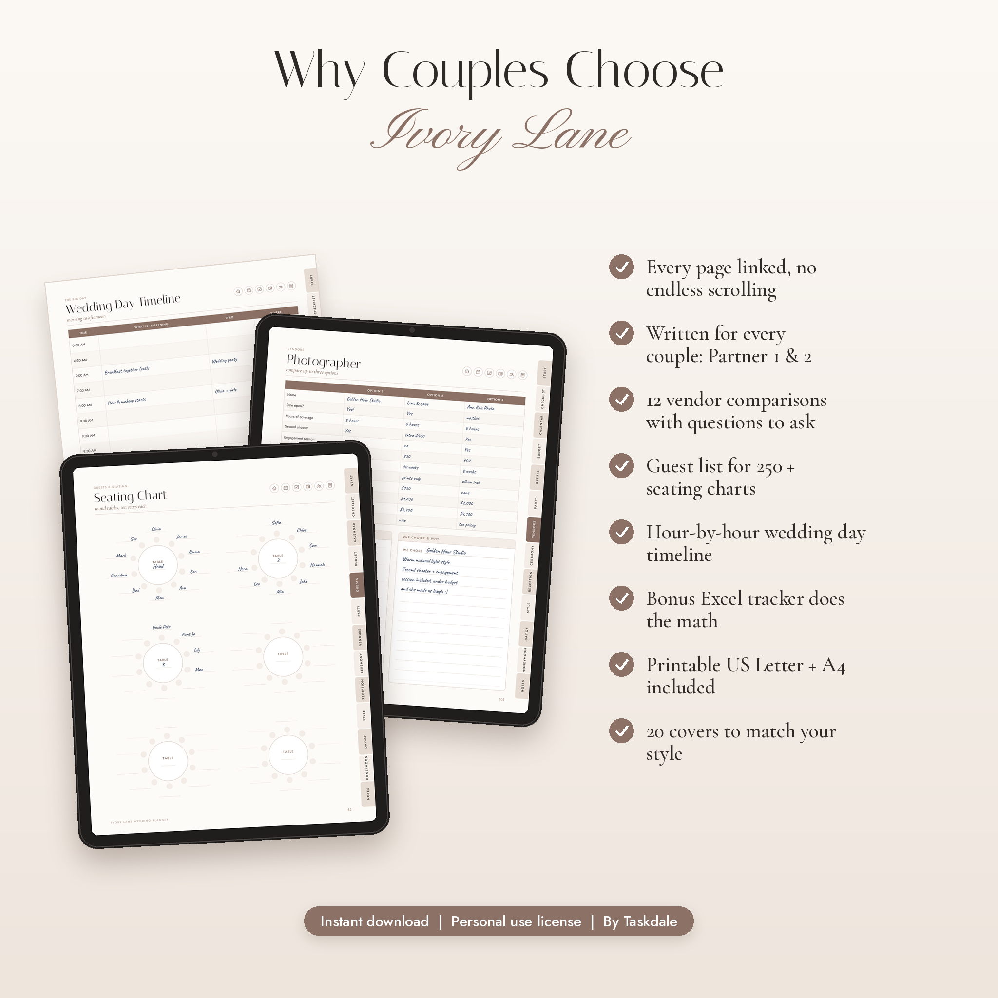 Seating chart, vendor comparison and wedding day timeline pages