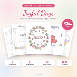 Joyful Days 2027 printable journal bundle with 230+ pages in US Letter, A4, Half Letter and A5
