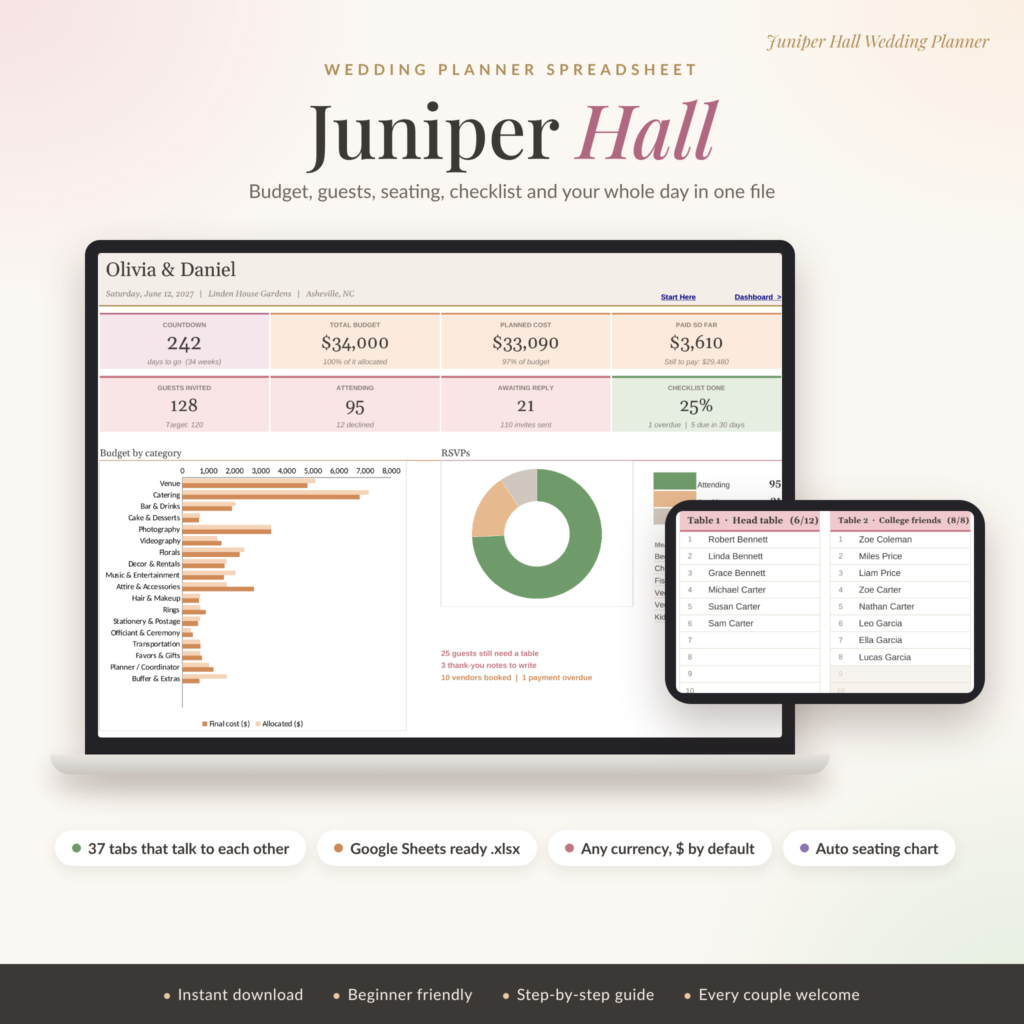Juniper Hall wedding planner spreadsheet dashboard on laptop with seating chart
