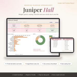 Juniper Hall wedding planner spreadsheet dashboard on laptop with seating chart