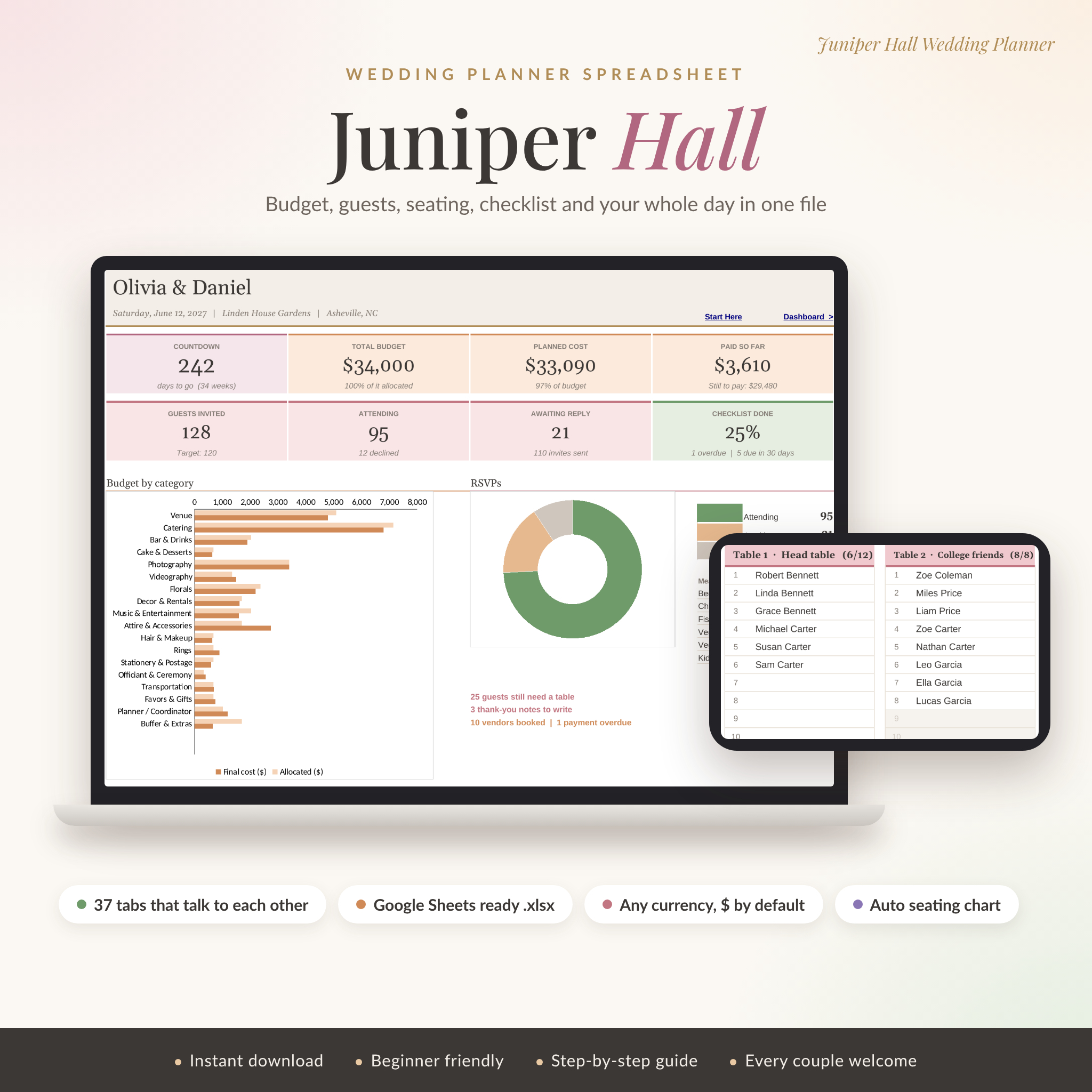 Juniper Hall wedding planner spreadsheet dashboard on laptop with seating chart