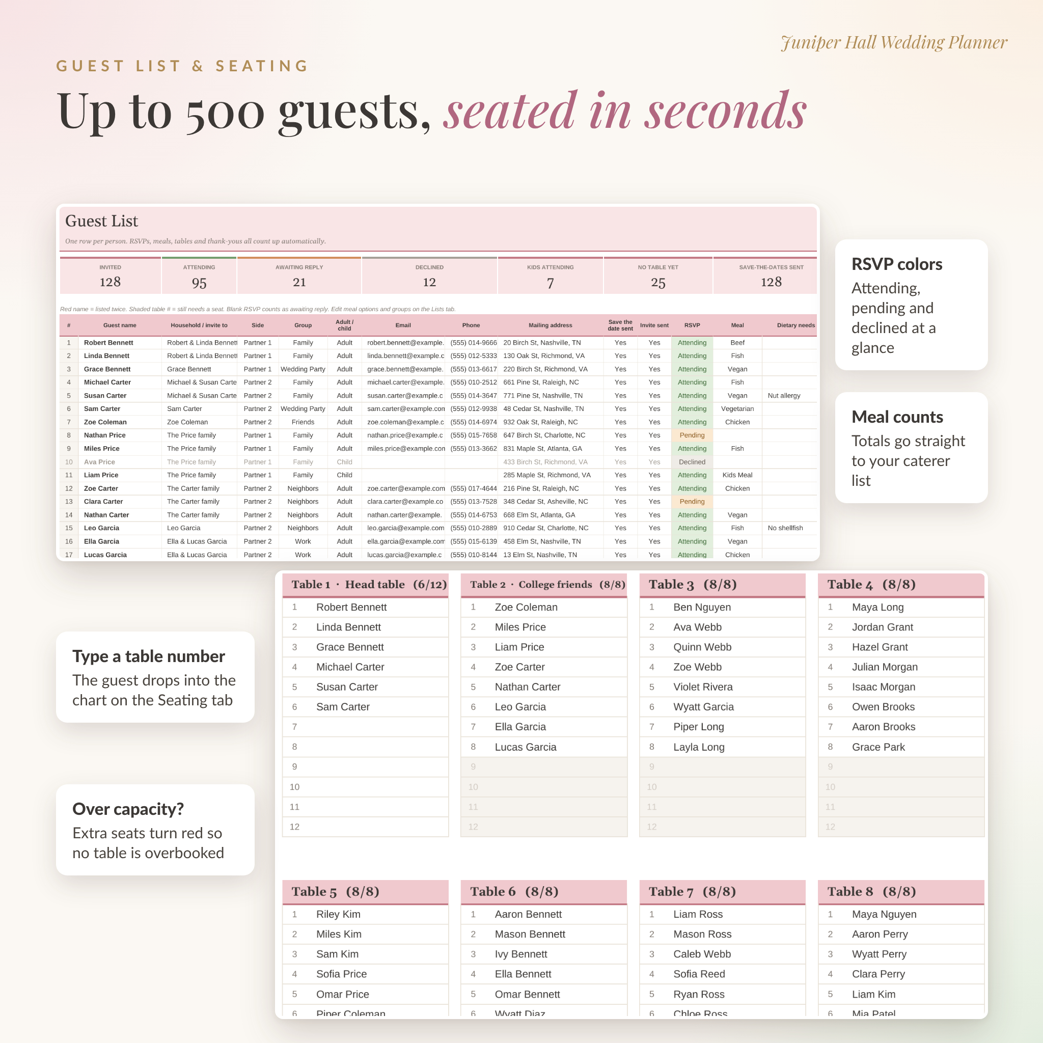 Wedding guest list template and automatic seating chart