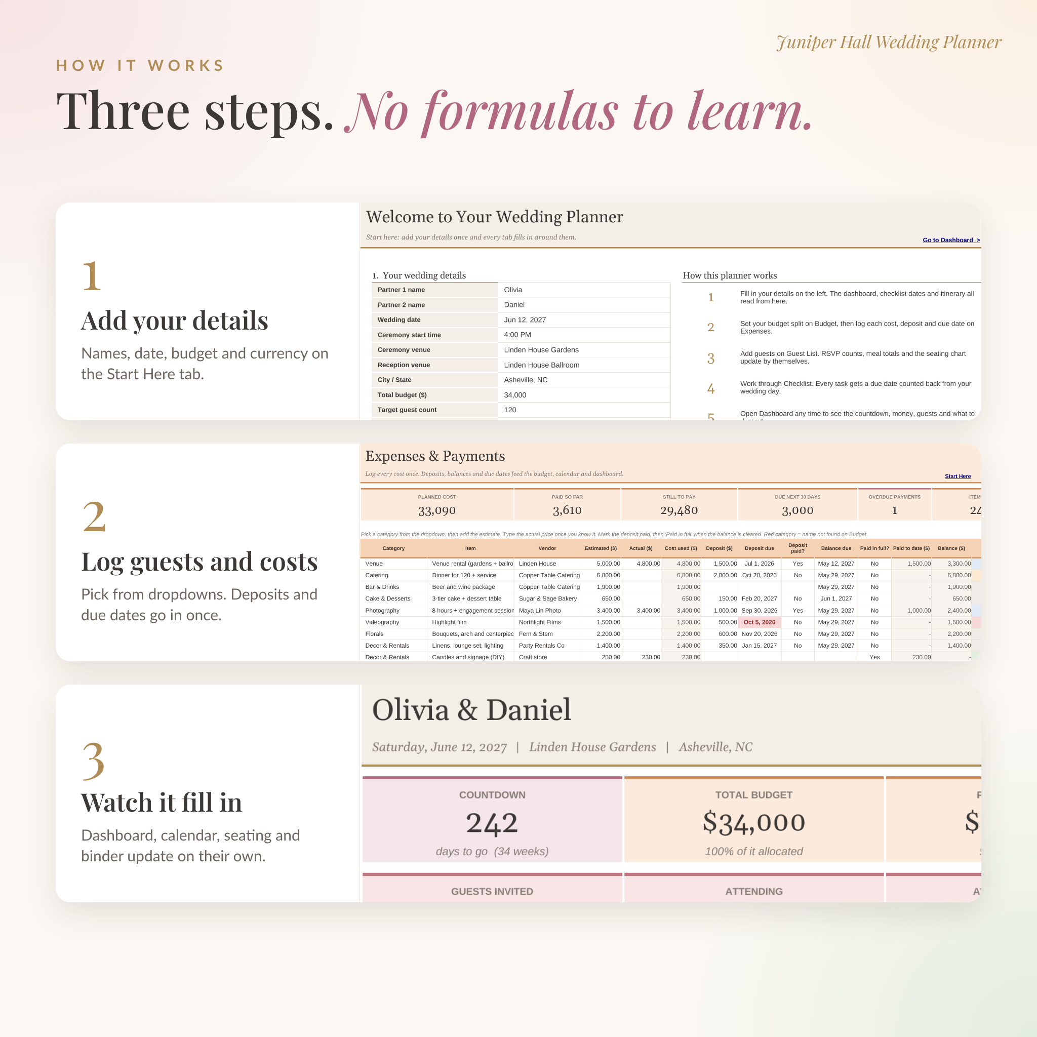 How the wedding planner spreadsheet works in three steps