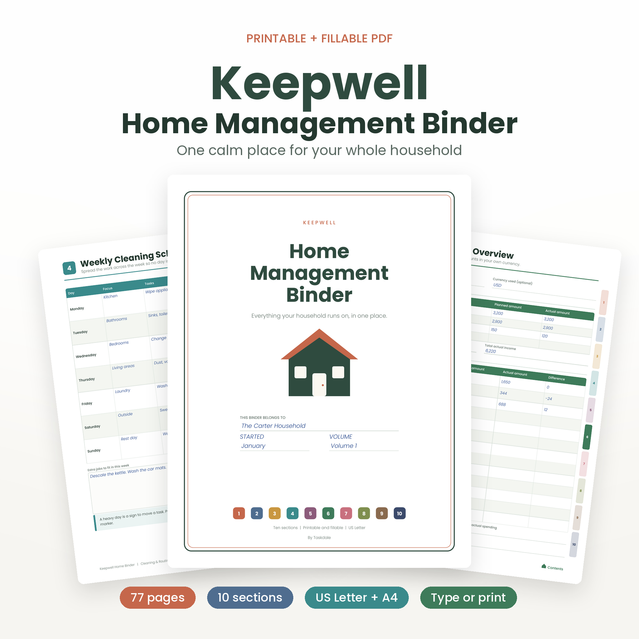 Keepwell Home Management Binder printable and fillable PDF cover with sample pages