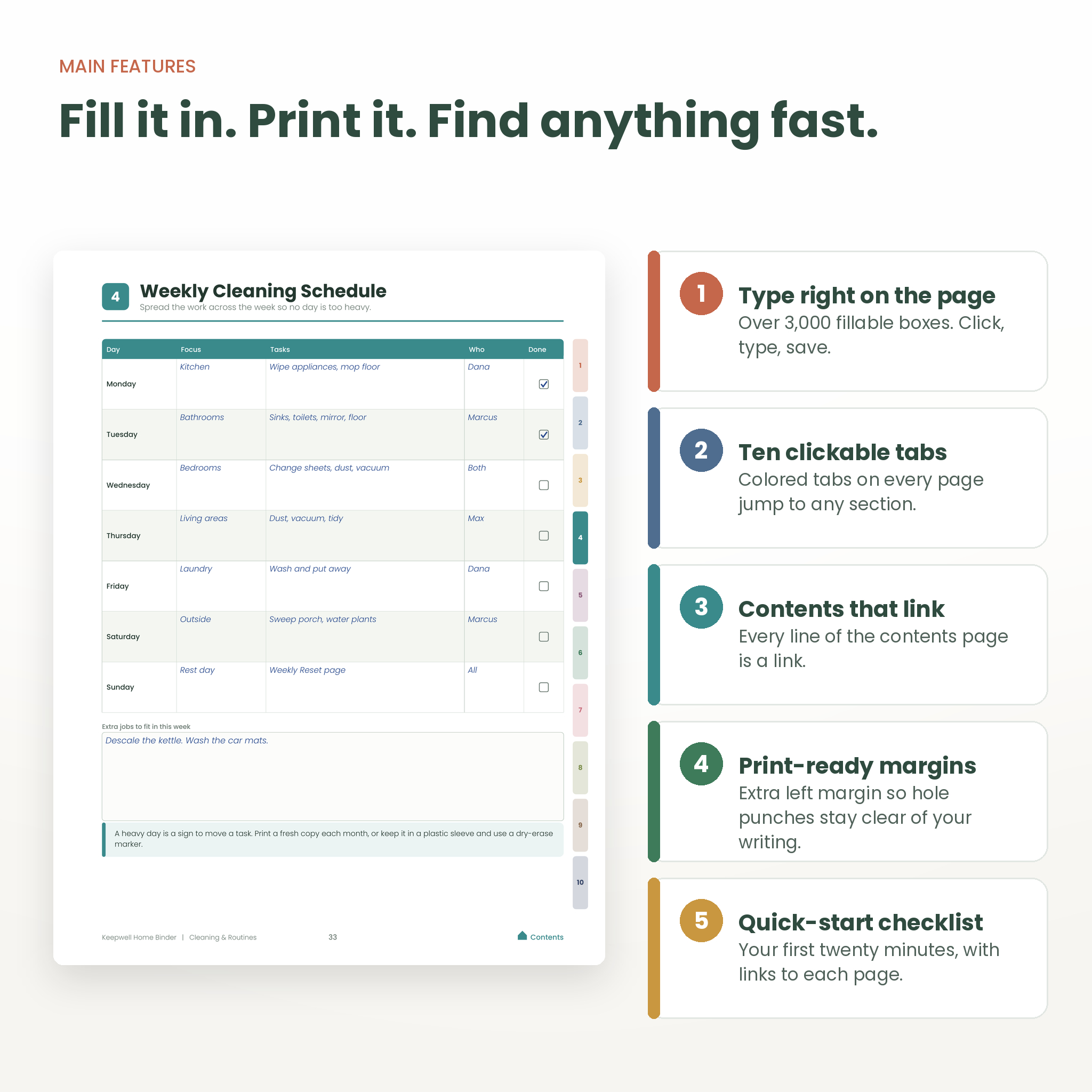 Home management binder features: fillable boxes, clickable tabs and print-ready margins