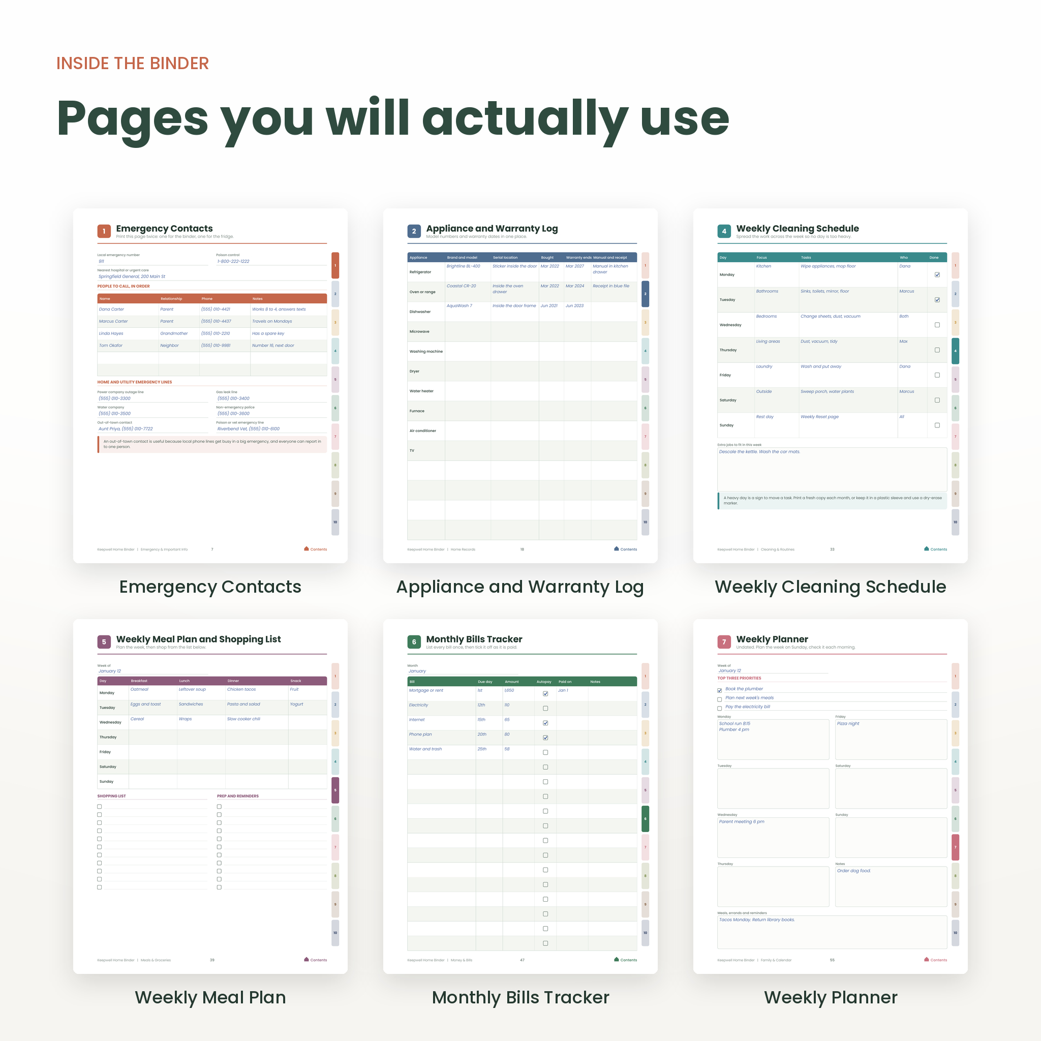 Home binder pages: emergency contacts, appliance log, cleaning schedule, meal plan, bills and weekly planner