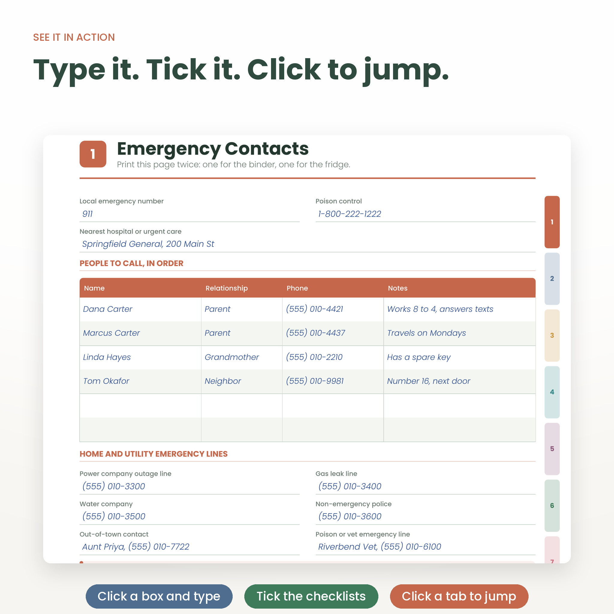 Fillable home binder page with typed entries and clickable section tabs
