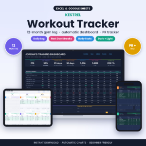 Kestrel workout tracker spreadsheet for Google Sheets and Excel shown on laptop, tablet and phone