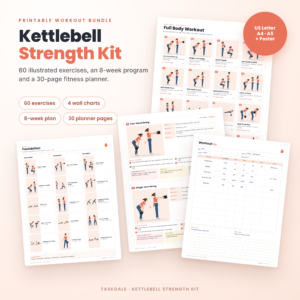 Kettlebell Strength Kit printable kettlebell workout bundle with exercise charts, guide, program and planner