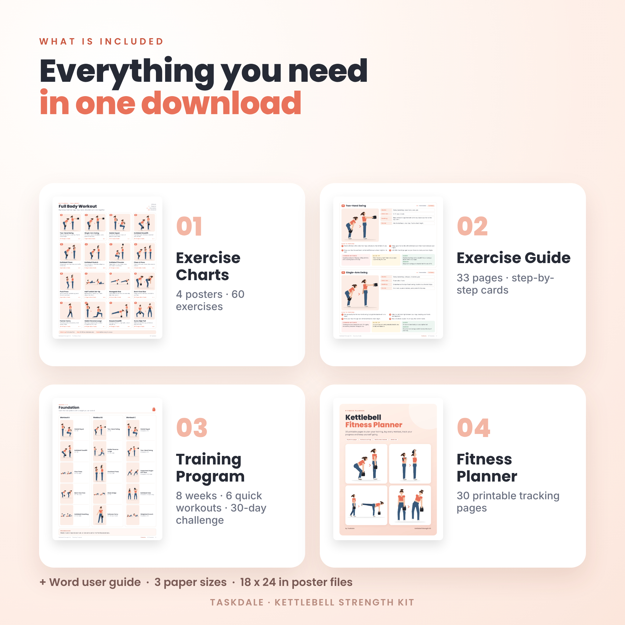 Kettlebell Strength Kit: Printable Kettlebell Workout Bundle with 60 Exercise Charts, 8-Week Program & Fitness Planner - Image 3