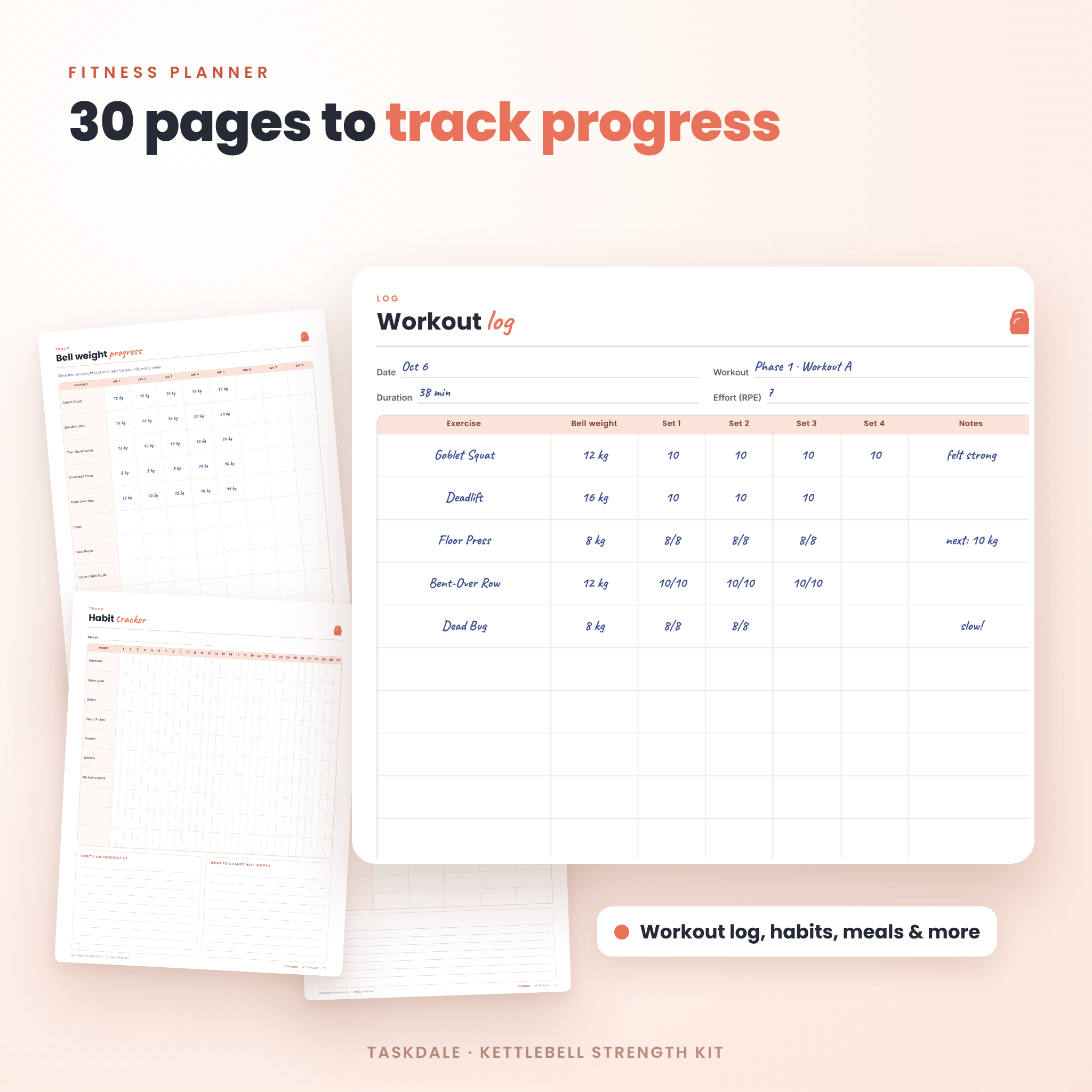 Kettlebell Strength Kit: Printable Kettlebell Workout Bundle with 60 Exercise Charts, 8-Week Program & Fitness Planner - Image 7