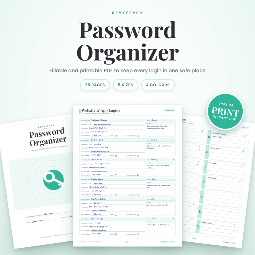 Fillable Password Organizer Printable PDF, Password Log Book