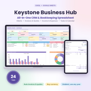 Keystone Business Hub small business spreadsheet with dashboard and invoice on laptop and tablet