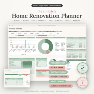 Keystone Home Renovation Planner spreadsheet cover showing dashboard, budget and room planner