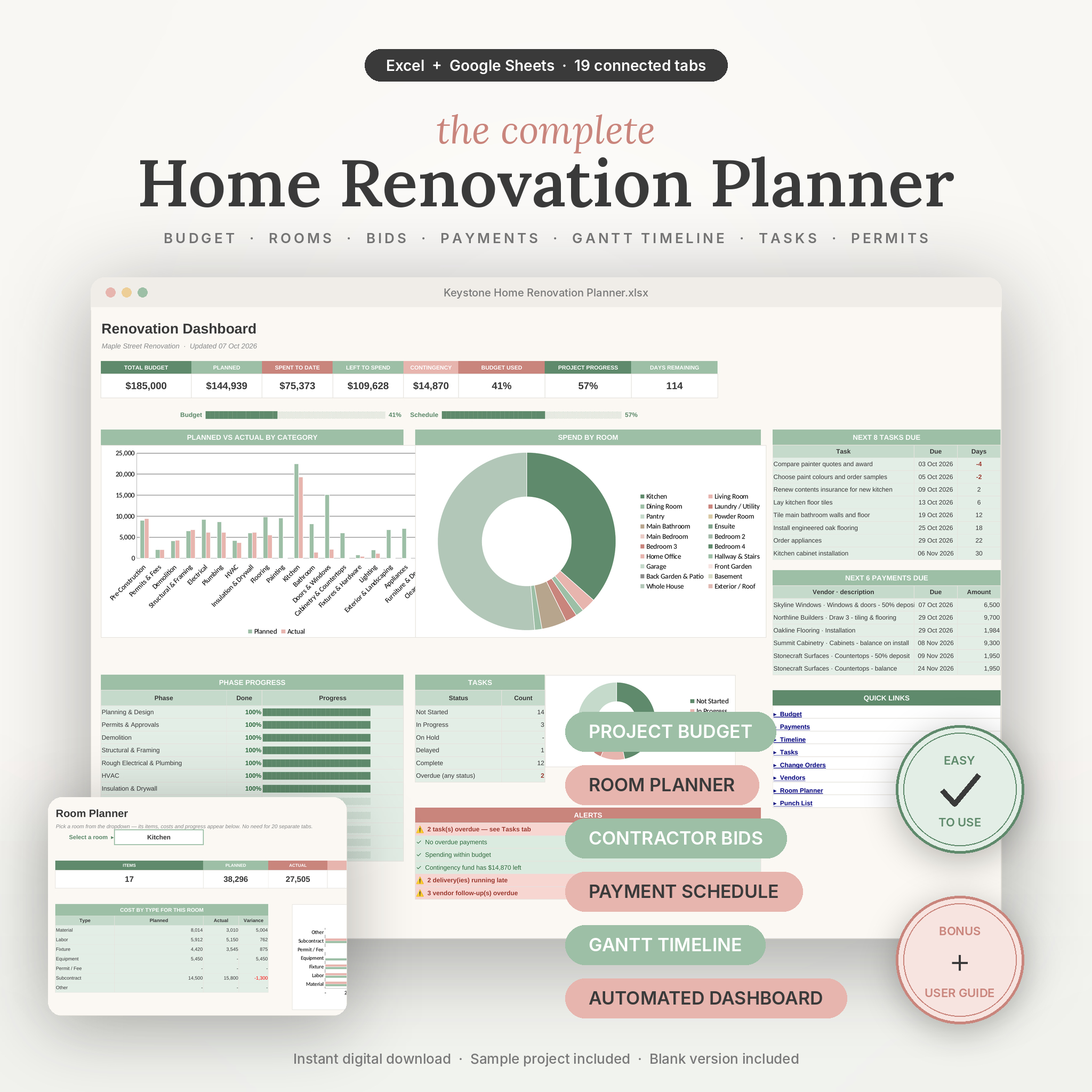 Keystone Home Renovation Planner spreadsheet cover showing dashboard, budget and room planner
