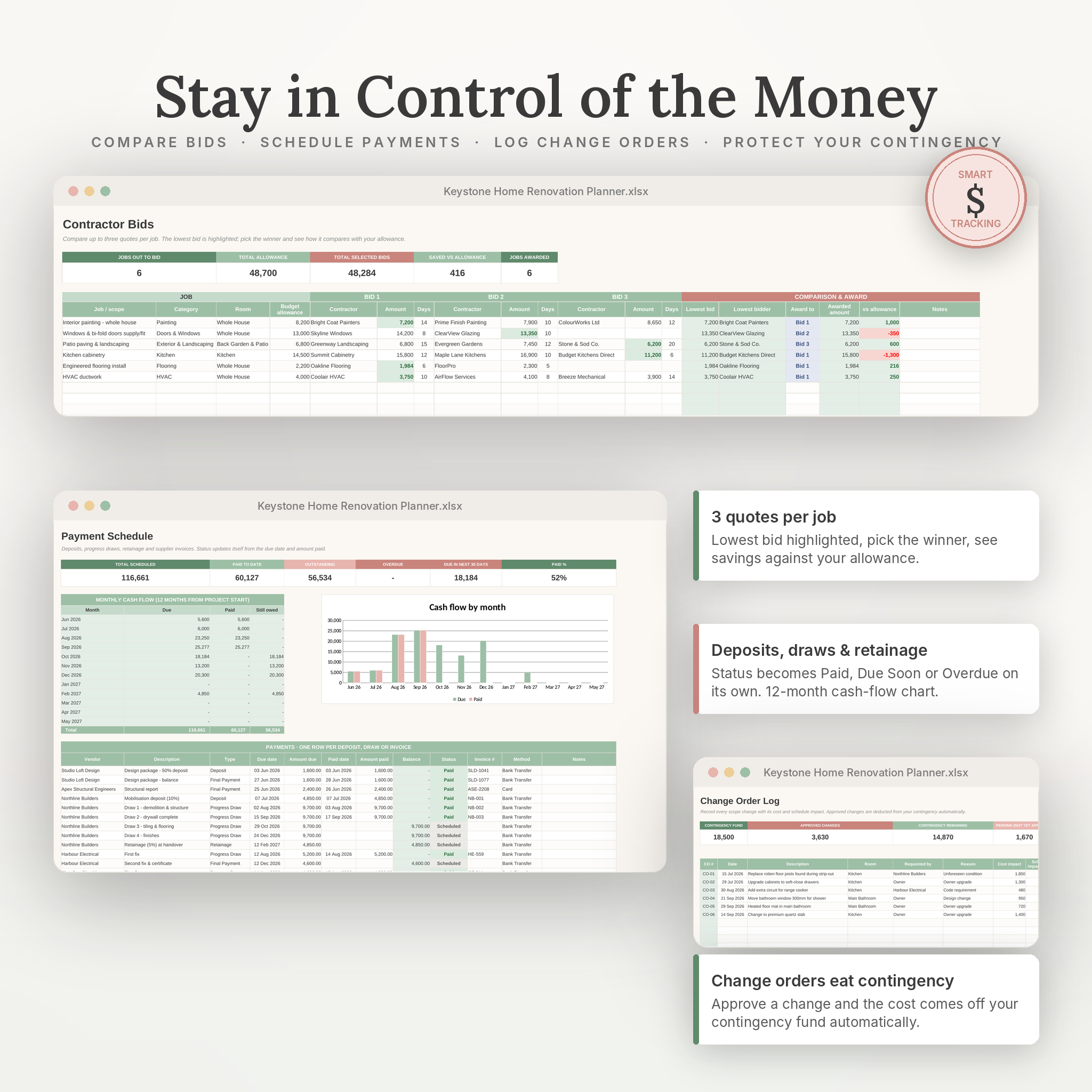 Contractor bid comparison, payment schedule and change order log