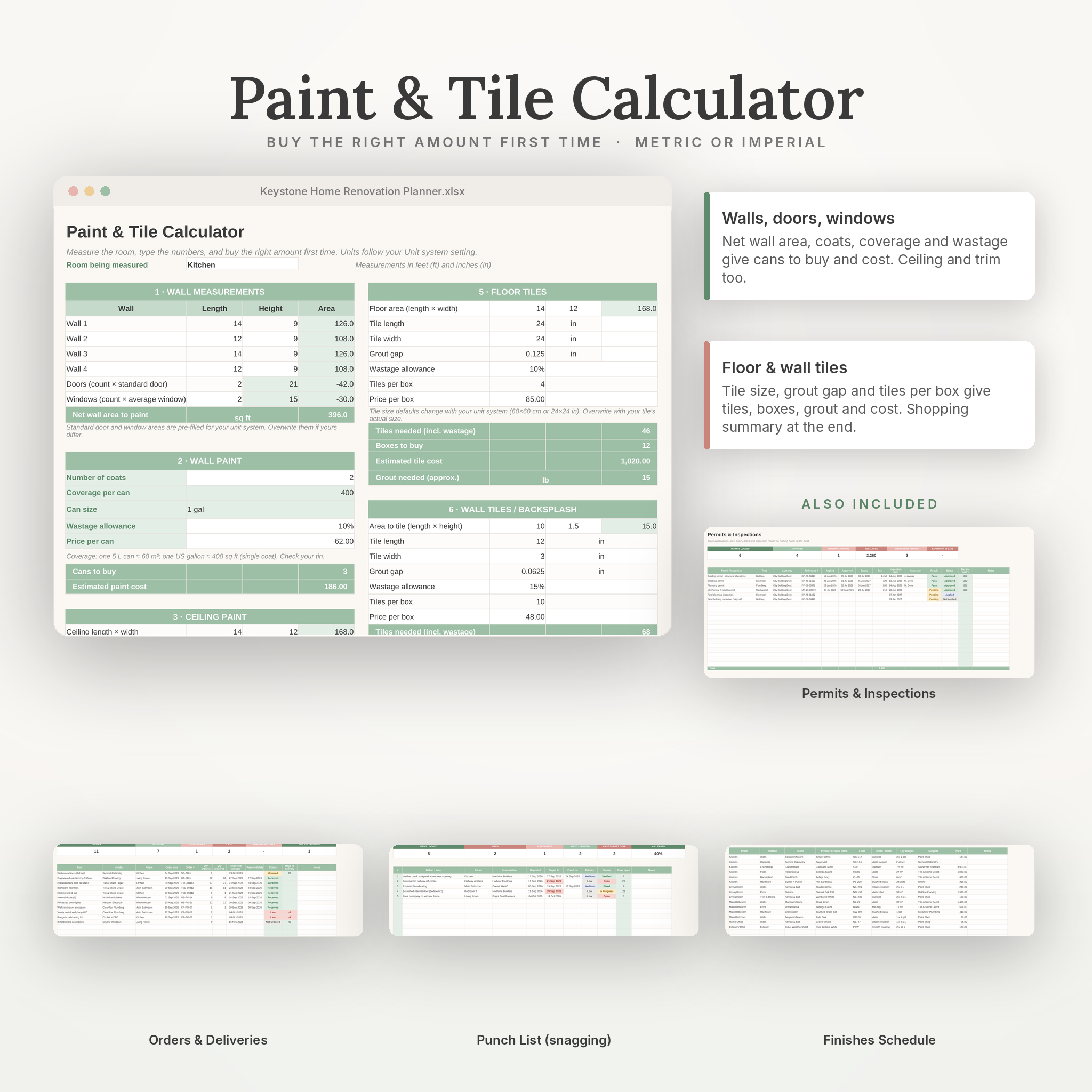 Paint and tile calculator plus permits, deliveries and punch list tabs