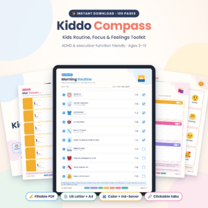 Kiddo Compass kids routine chart and ADHD executive function toolkit, 109 printable and fillable pages